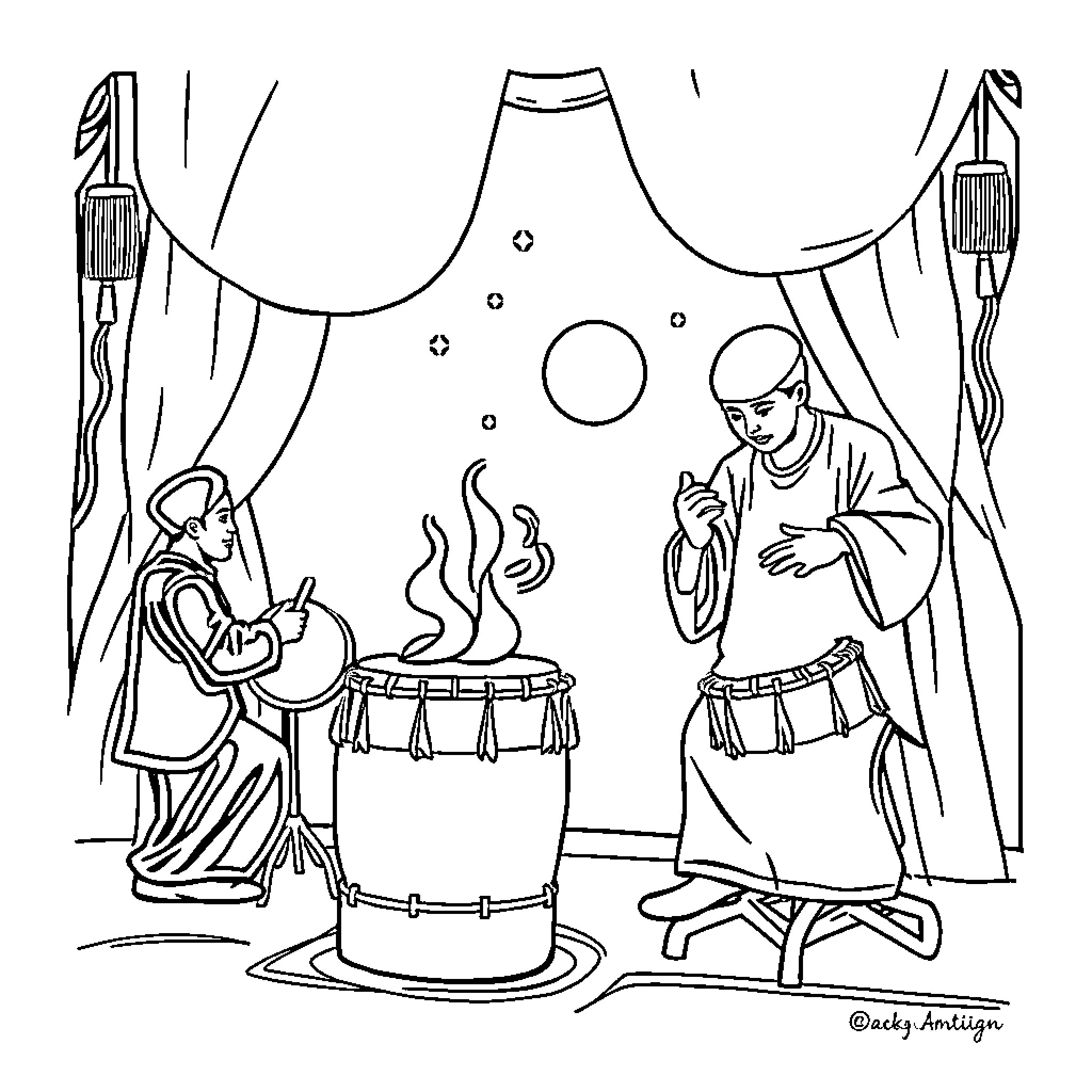 Sahur gathering with traditional music and celebration Coloring Page (free black-and-white line drawing printable PDF for all, from beginners to advanced learners, including children, teens, adults, and seniors)