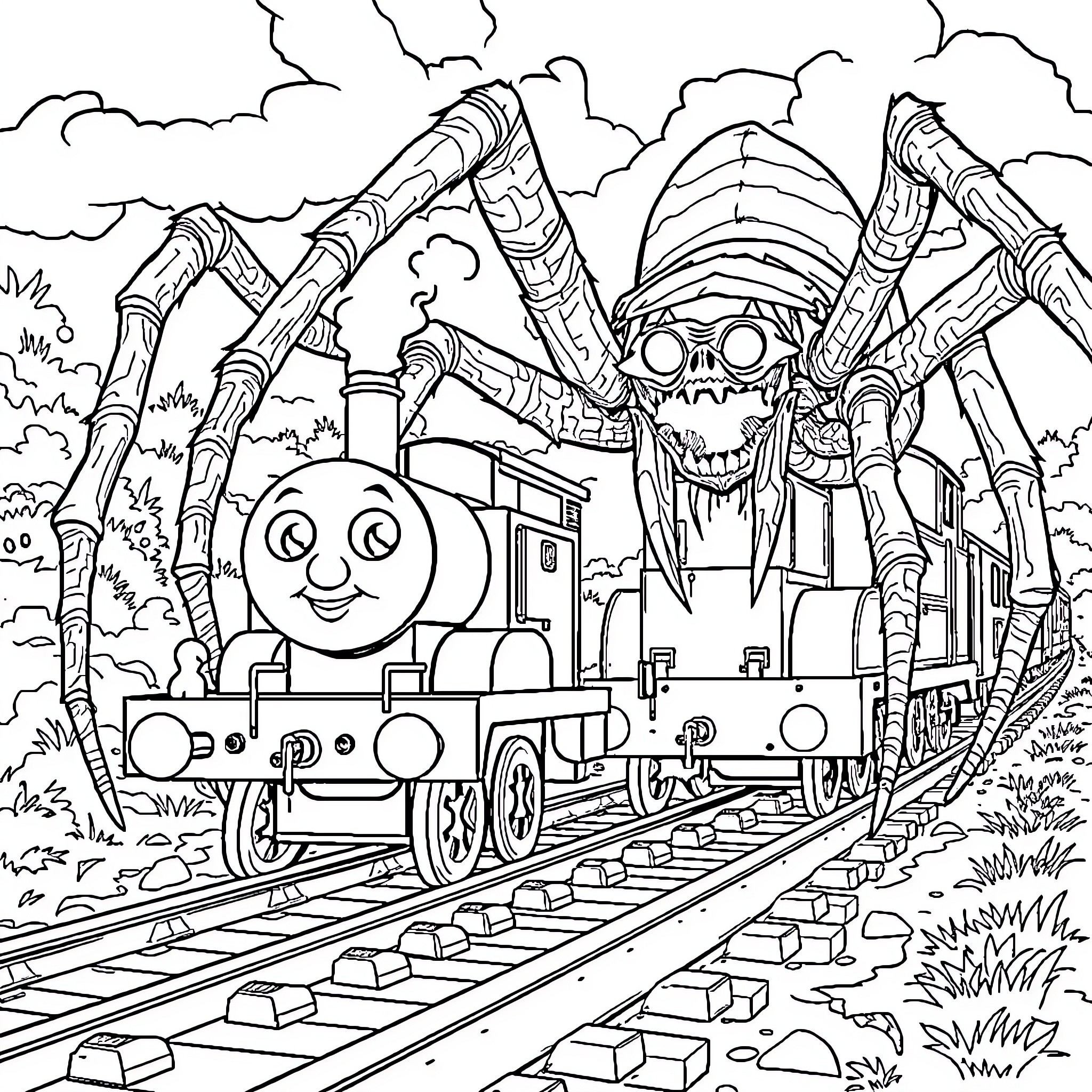 Train carrying mechanical creatures through the countryside Coloring Page (free black-and-white line drawing printable PDF for all, from beginners to advanced learners, including children, teens, adults, and seniors)