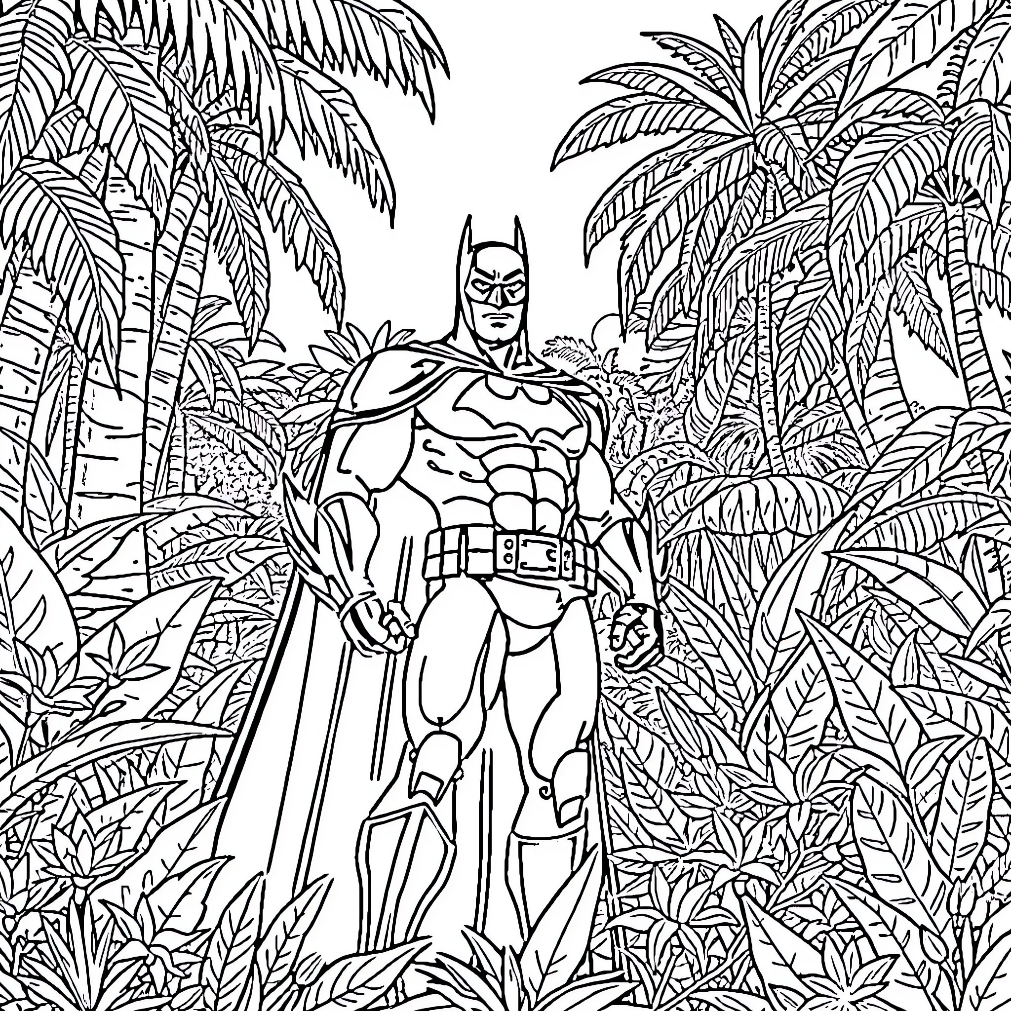 Batman in a tropical jungle landscape Coloring Page (free black-and-white line drawing printable PDF for all, from beginners to advanced learners, including children, teens, adults, and seniors)