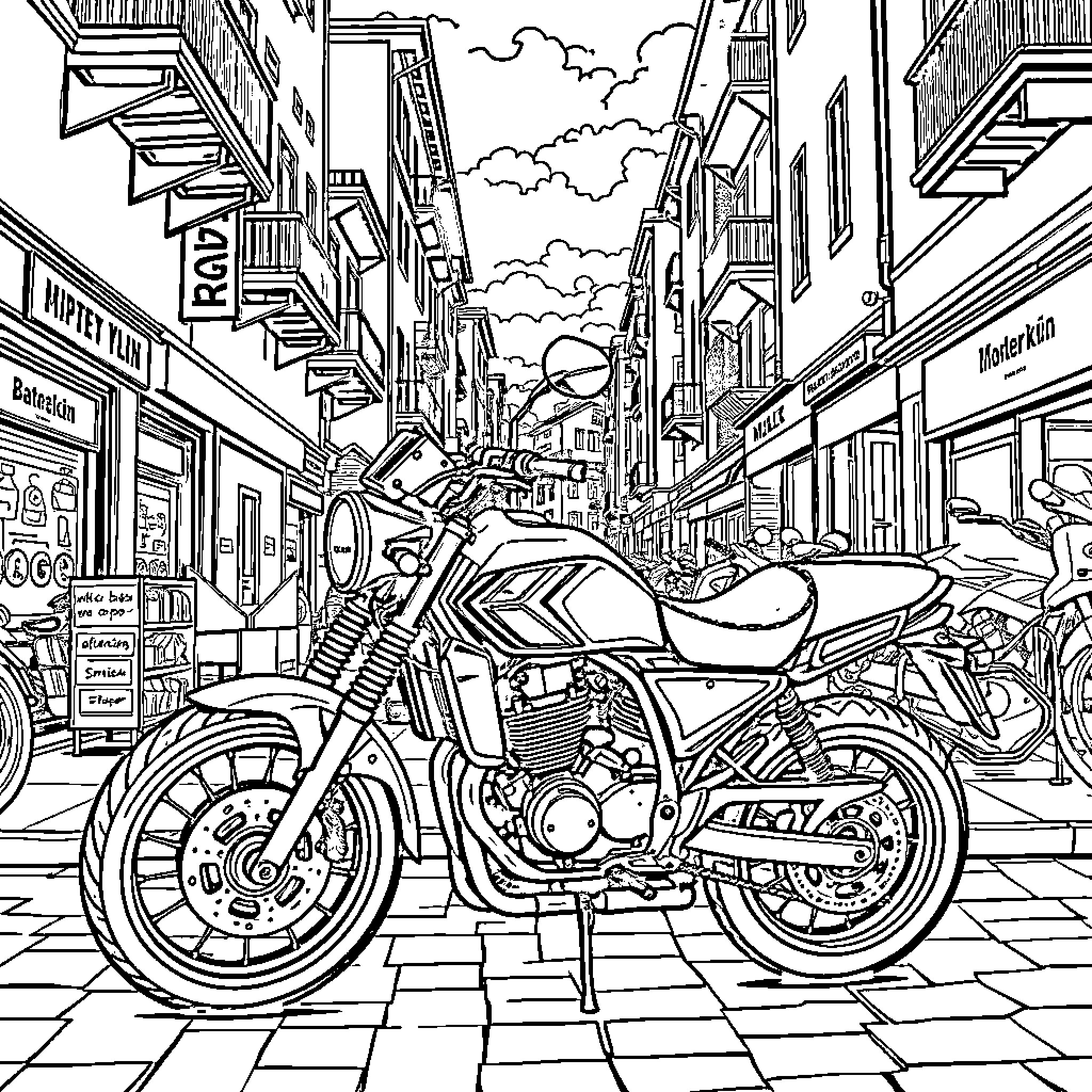 Motorbike parked on a crowded city street Coloring Page (free black-and-white line drawing printable PDF for all, from beginners to advanced learners, including children, teens, adults, and seniors)