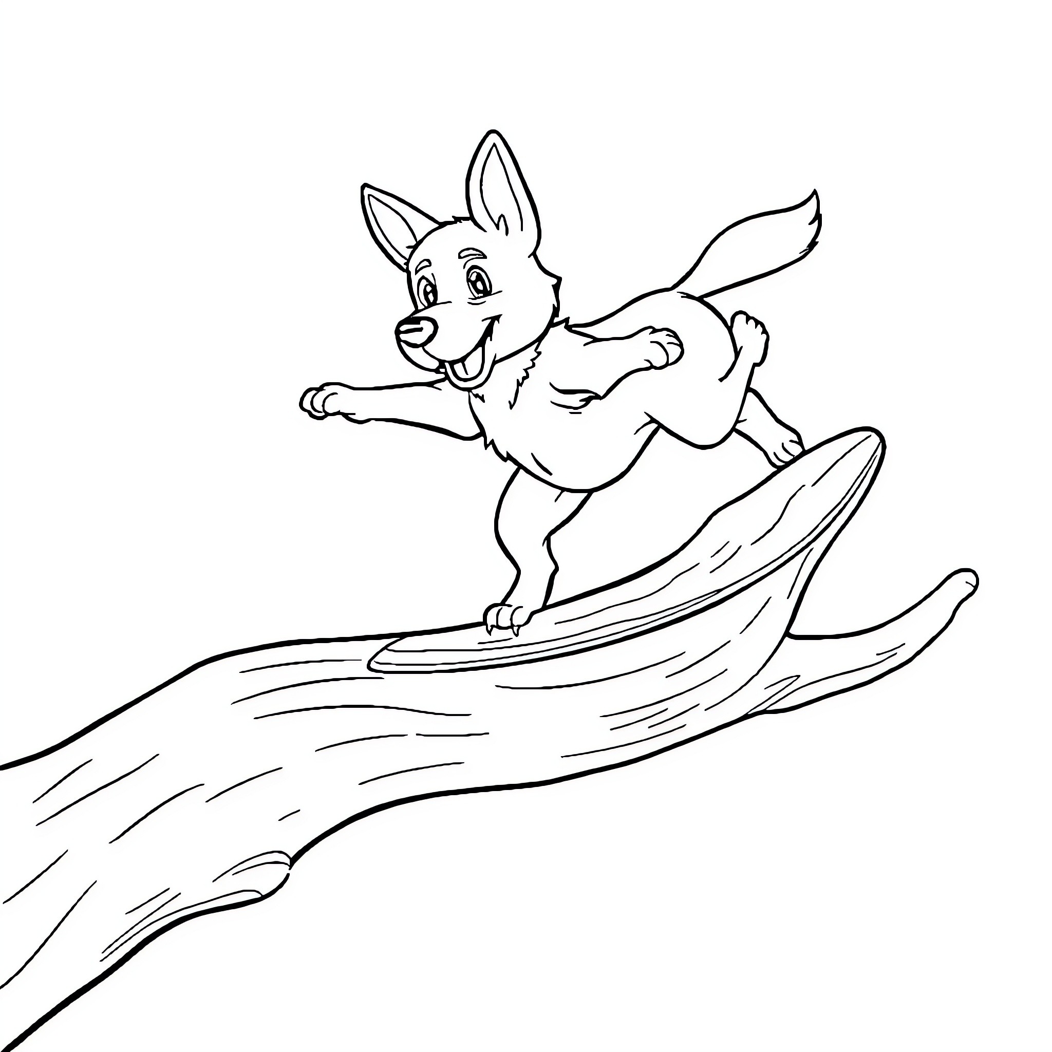 Dog surfing happily on ocean wave Coloring Page (free black-and-white line drawing printable PDF for all, from beginners to advanced learners, including children, teens, adults, and seniors)