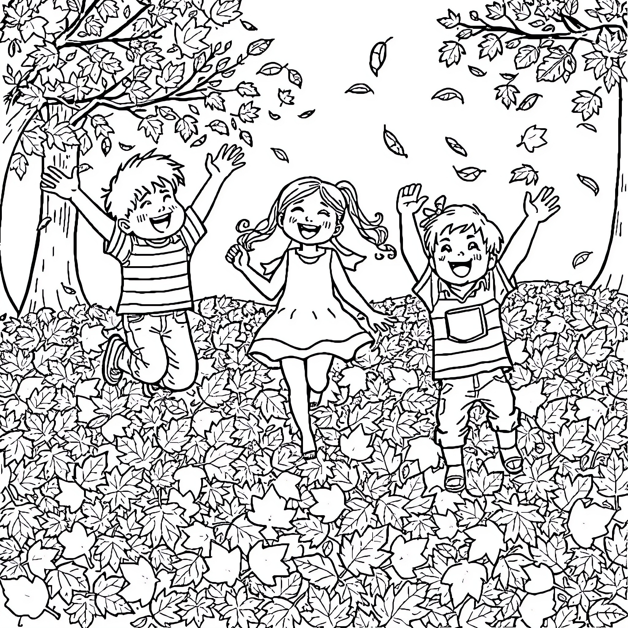 Kids playing joyfully in the autumn leaves Coloring Page (free black-and-white line drawing printable PDF for all, from beginners to advanced learners, including children, teens, adults, and seniors)