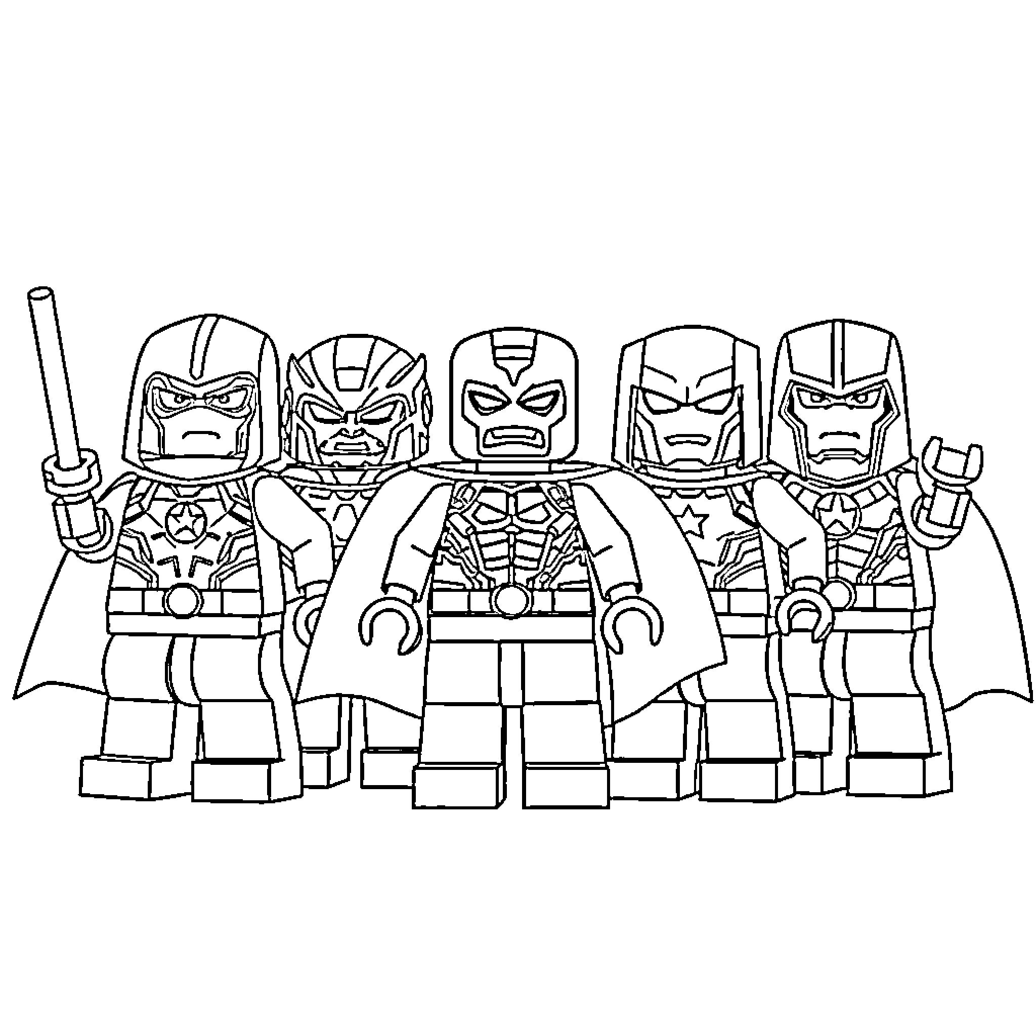 Lego Superheroes Assembled for Action Coloring Page (free black-and-white line drawing printable PDF for all, from beginners to advanced learners, including children, teens, adults, and seniors)
