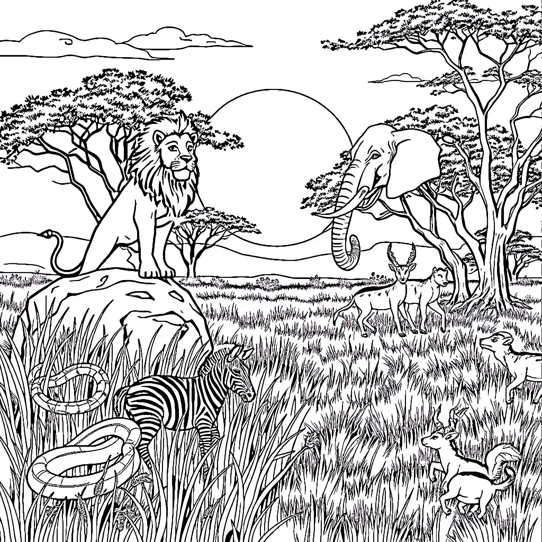 Wildlife scene with diverse African animals Coloring Page (free black-and-white line drawing printable PDF for all, from beginners to advanced learners, including children, teens, adults, and seniors)