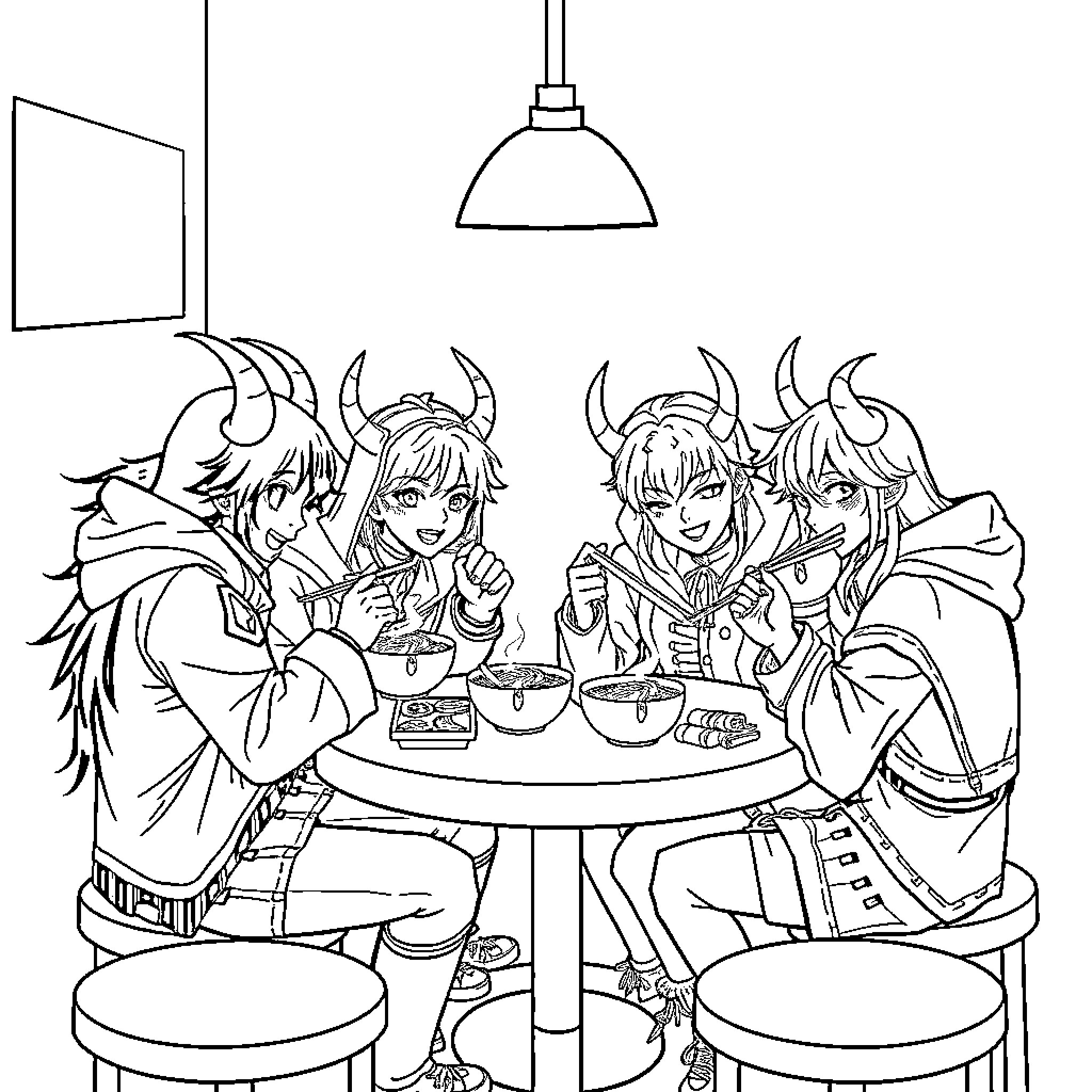 Demon Hunters Enjoying a Meal Together Coloring Page (free black-and-white line drawing printable PDF for all, from beginners to advanced learners, including children, teens, adults, and seniors)