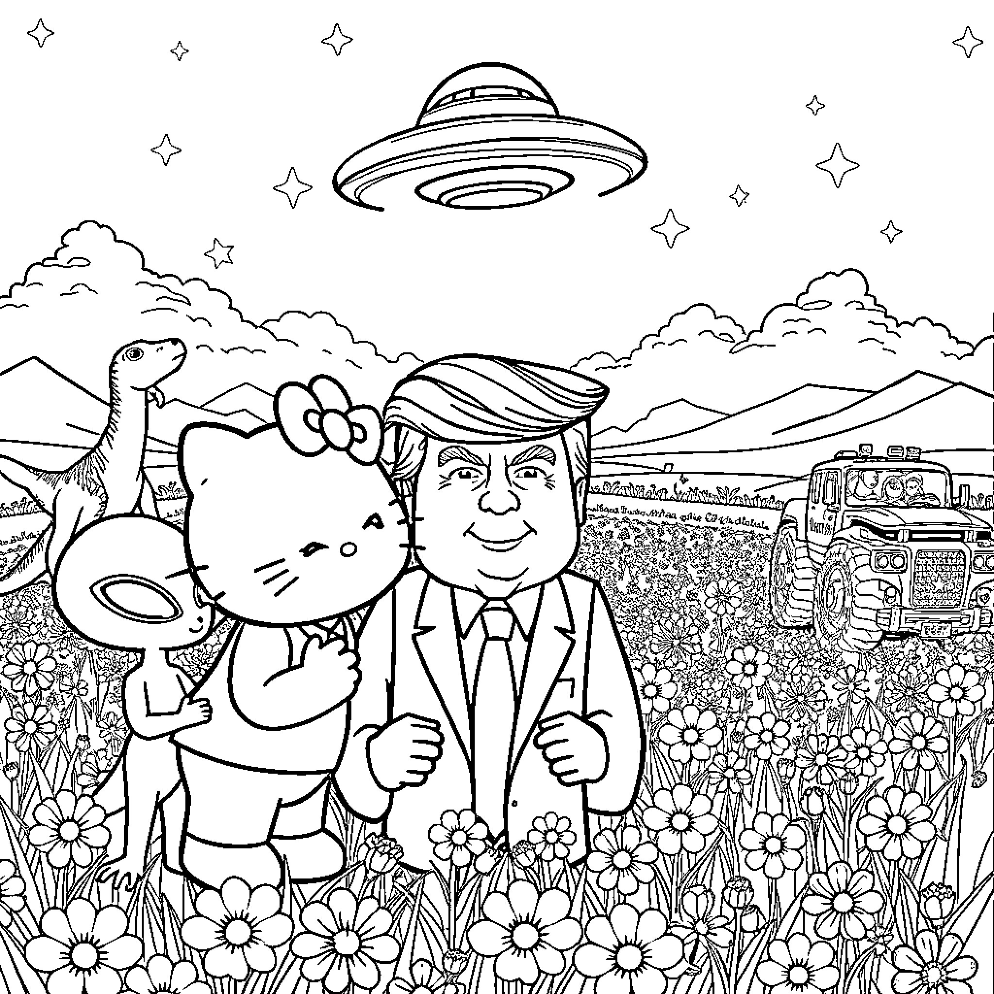 Hello Kitty with President Trump in an Alien Landscape Coloring Page (free black-and-white line drawing printable PDF for all, from beginners to advanced learners, including children, teens, adults, and seniors)