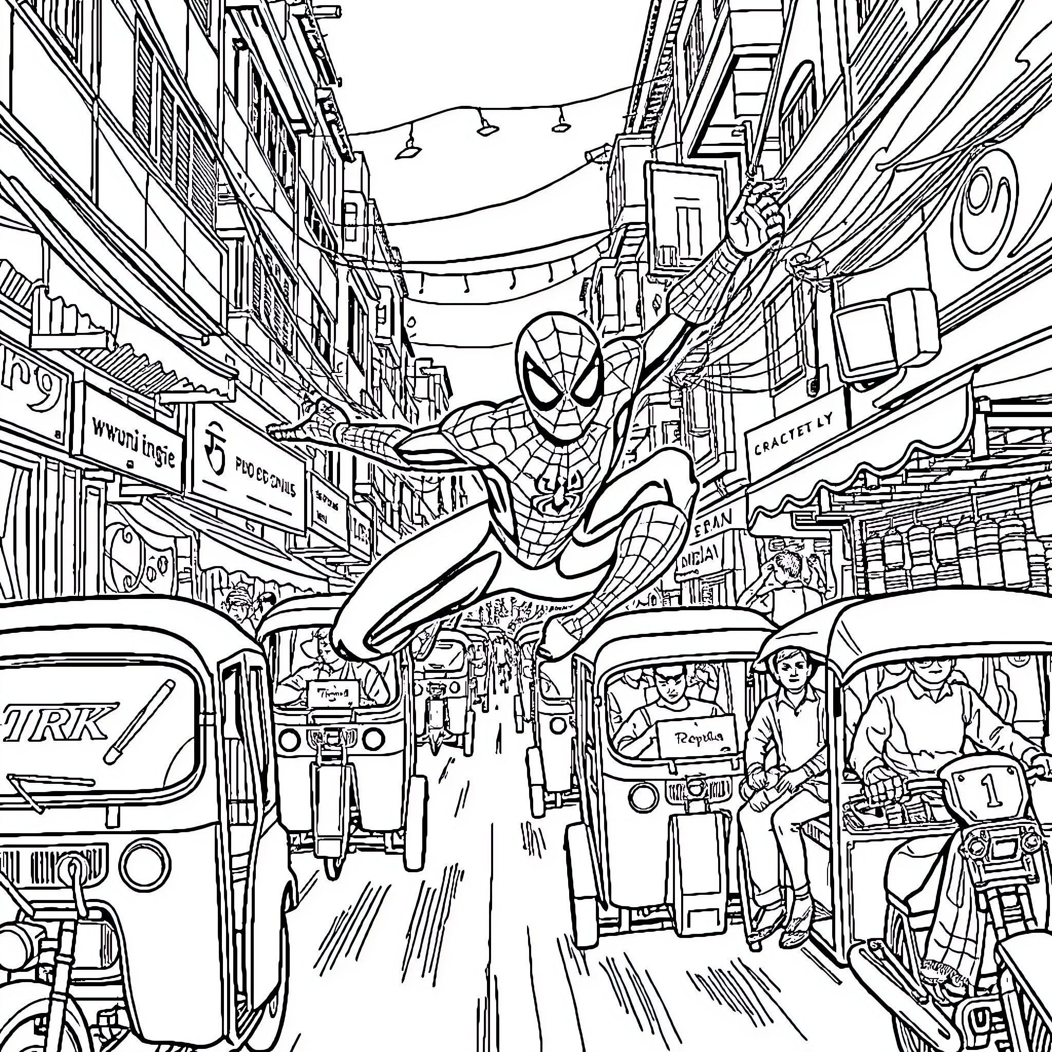 Spiderman swinging through the bustling city streets Coloring Page (free black-and-white line drawing printable PDF for all, from beginners to advanced learners, including children, teens, adults, and seniors)