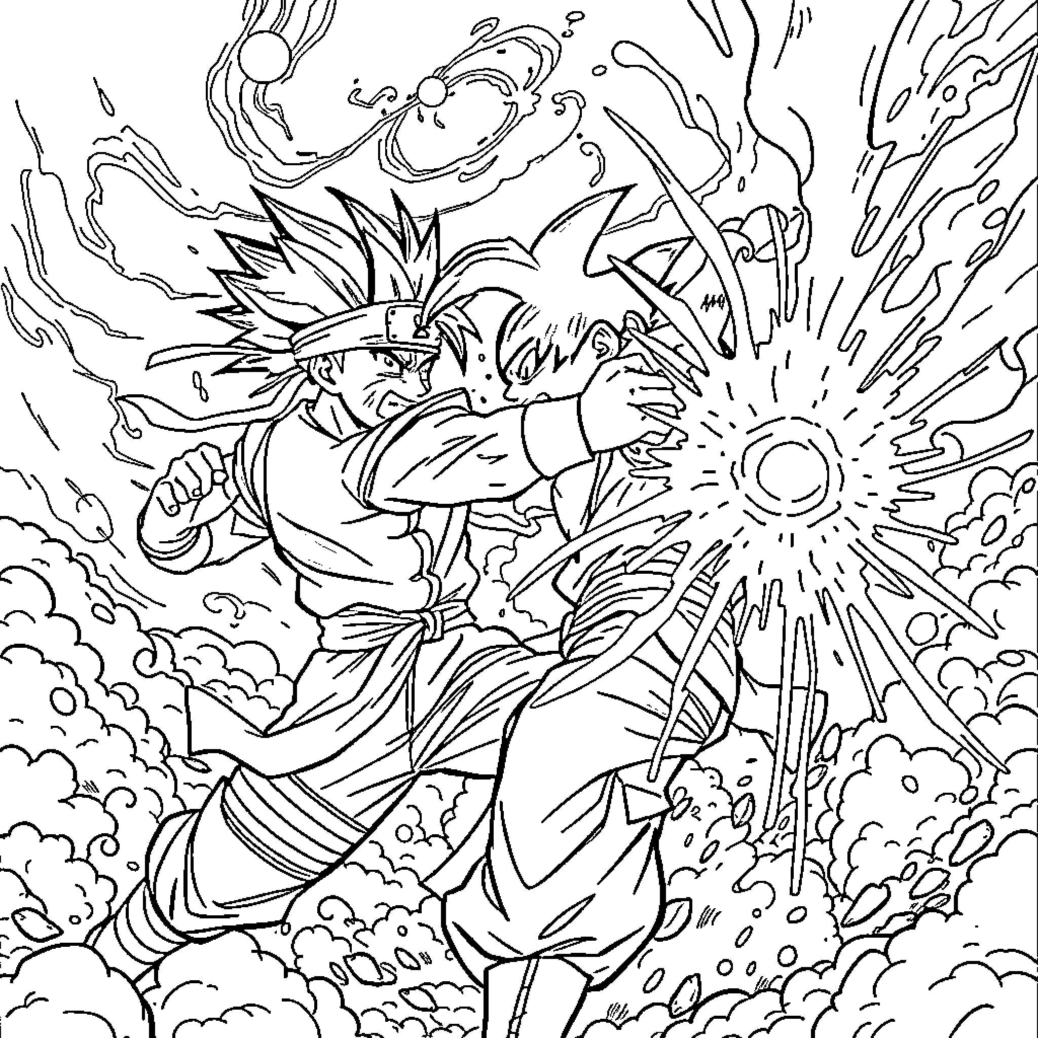 Naruto unleashing a powerful jutsu attack Coloring Page (free black-and-white line drawing printable PDF for all, from beginners to advanced learners, including children, teens, adults, and seniors)