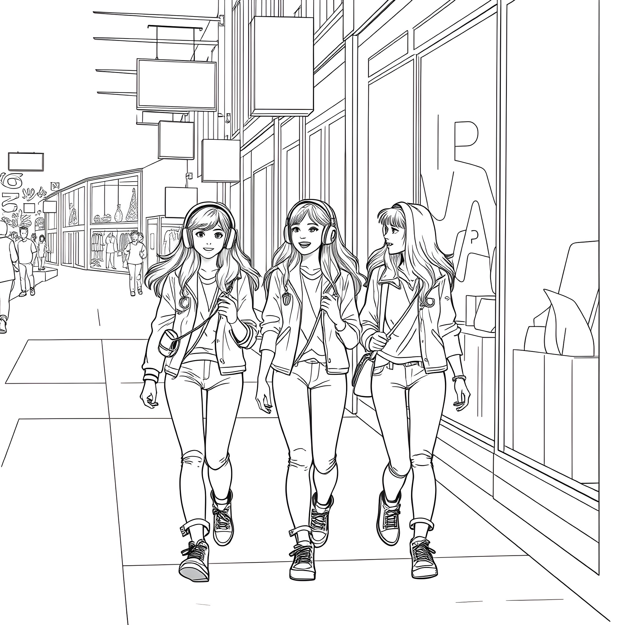Teen Girls Walking Together in City Street Coloring Page (free black-and-white line drawing printable PDF for all, from beginners to advanced learners, including children, teens, adults, and seniors)