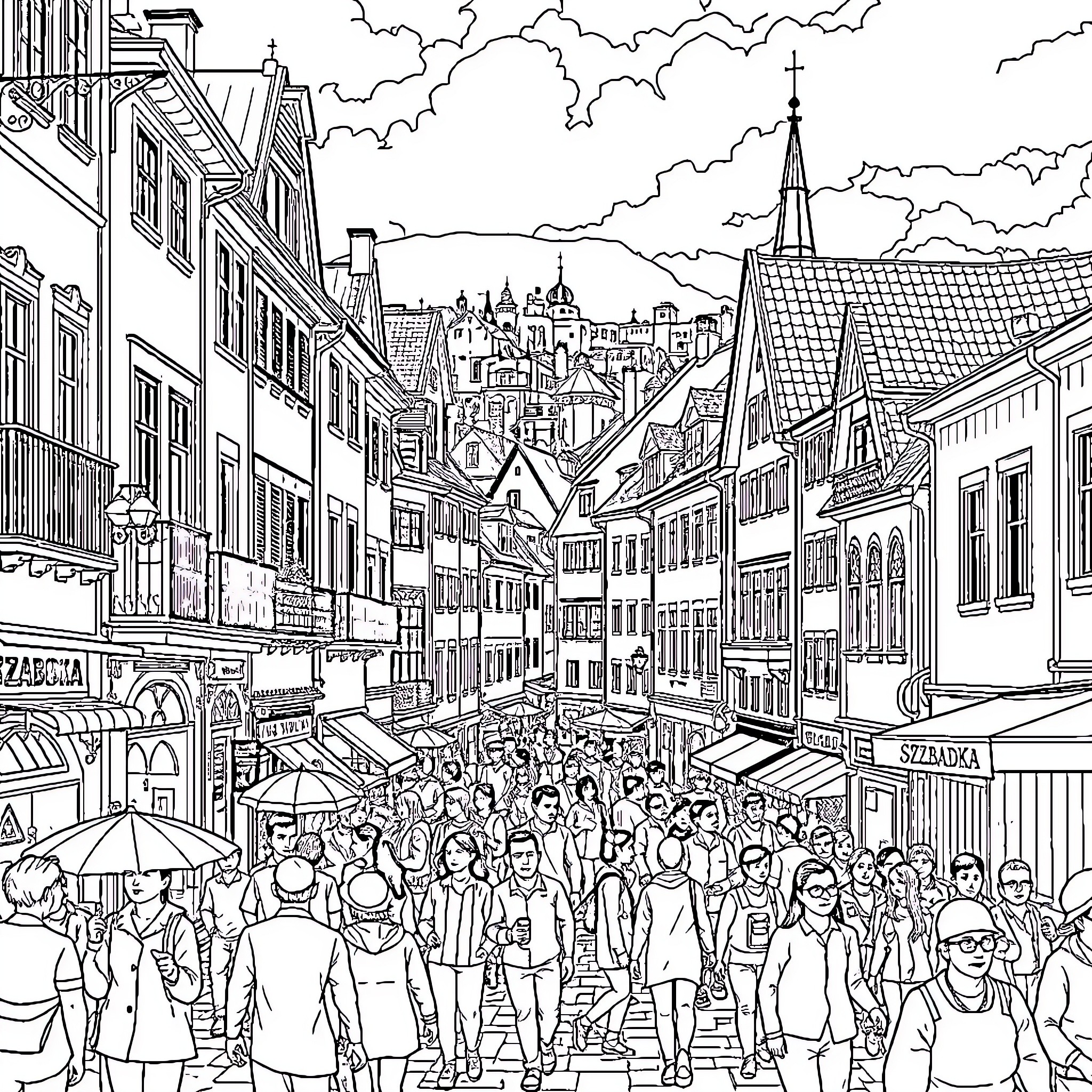 Subotica: Bustling Cityscape with Crowds and Architectural Landmarks Coloring Page (free black-and-white line drawing printable PDF for all, from beginners to advanced learners, including children, teens, adults, and seniors)