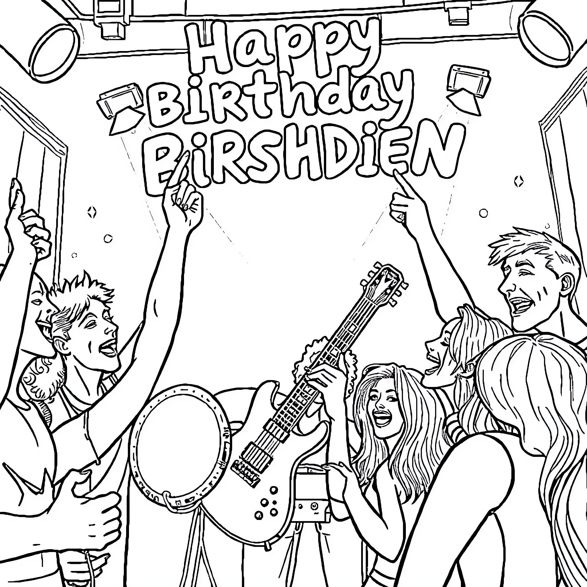 Birthday celebration with music and friends Coloring Page (free black-and-white line drawing printable PDF for all, from beginners to advanced learners, including children, teens, adults, and seniors)