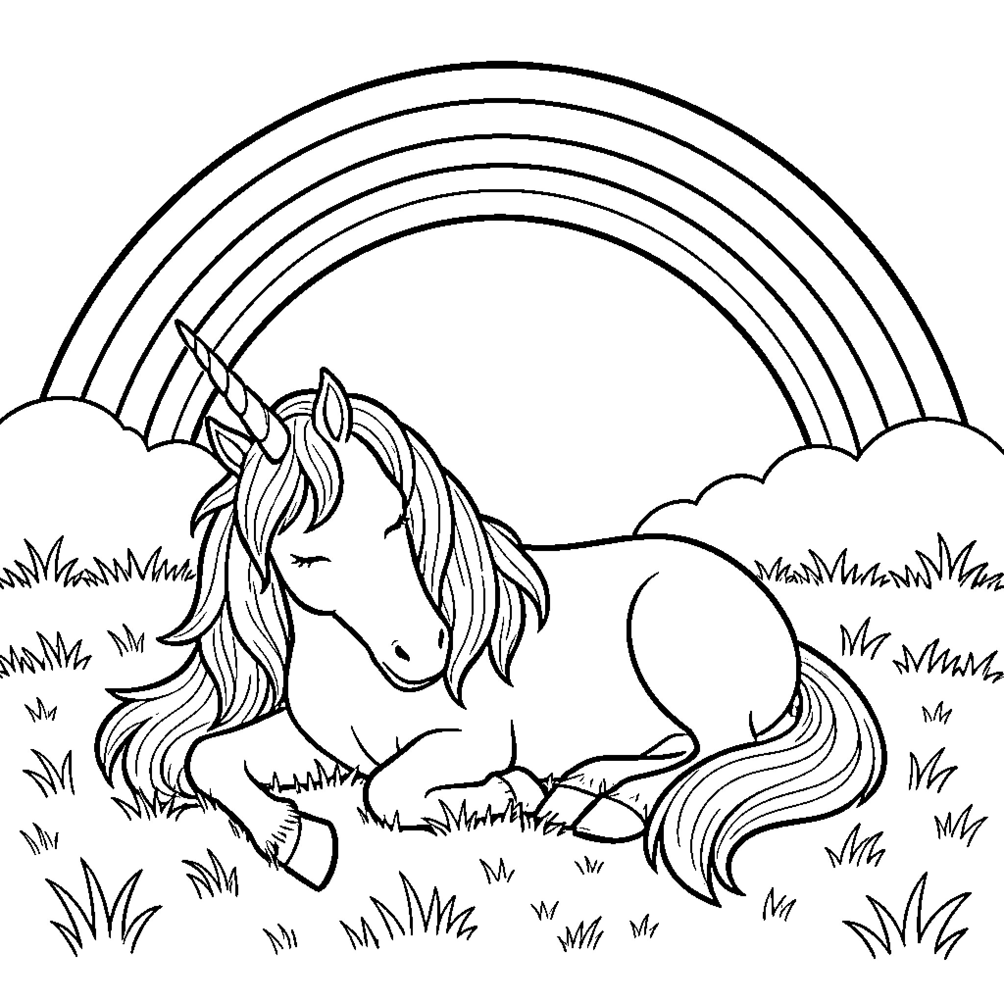 Unicorn resting peacefully in a grassy meadow Coloring Page (free black-and-white line drawing printable PDF for all, from beginners to advanced learners, including children, teens, adults, and seniors)