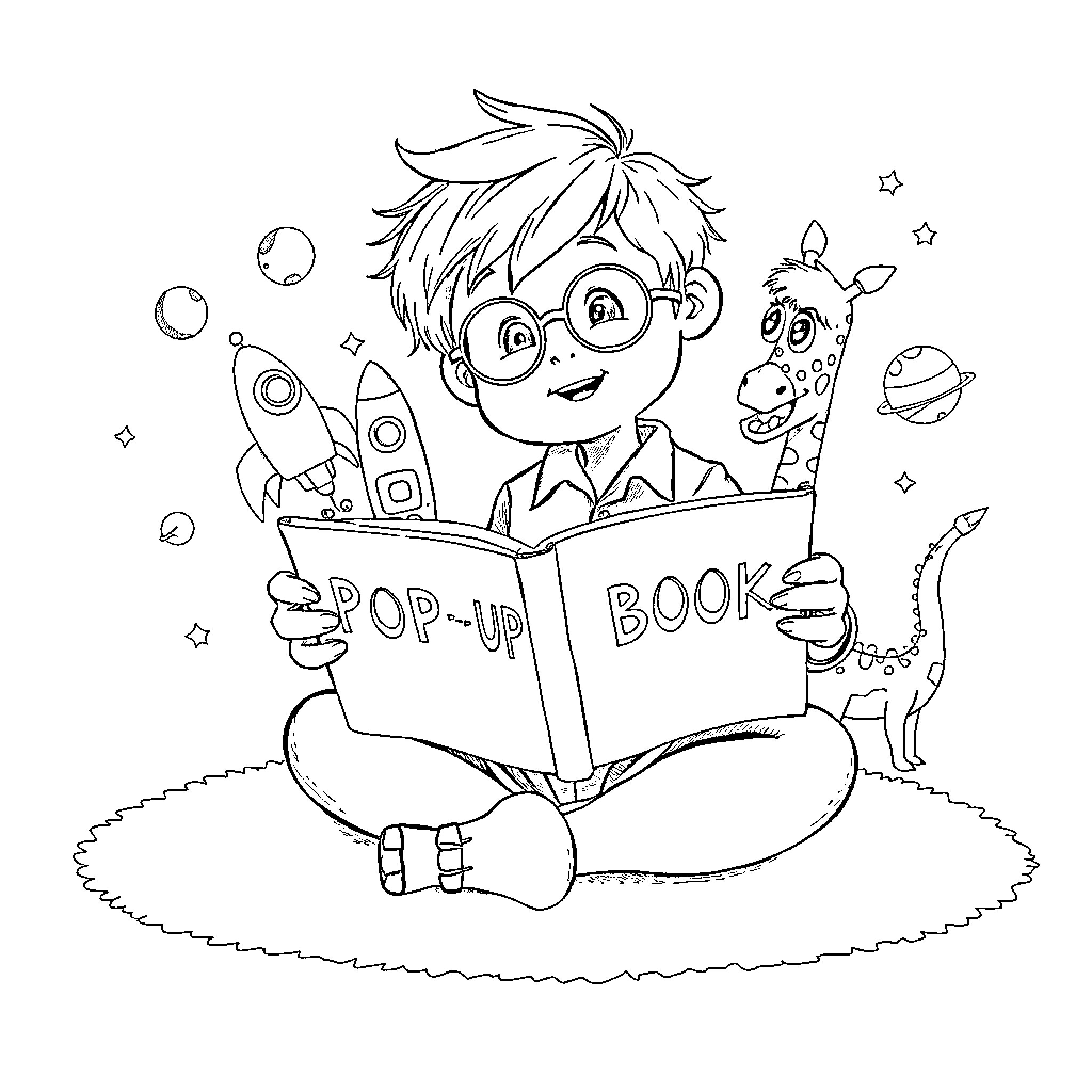 Child reading a pop-up book with excitement Coloring Page (free black-and-white line drawing printable PDF for all, from beginners to advanced learners, including children, teens, adults, and seniors)