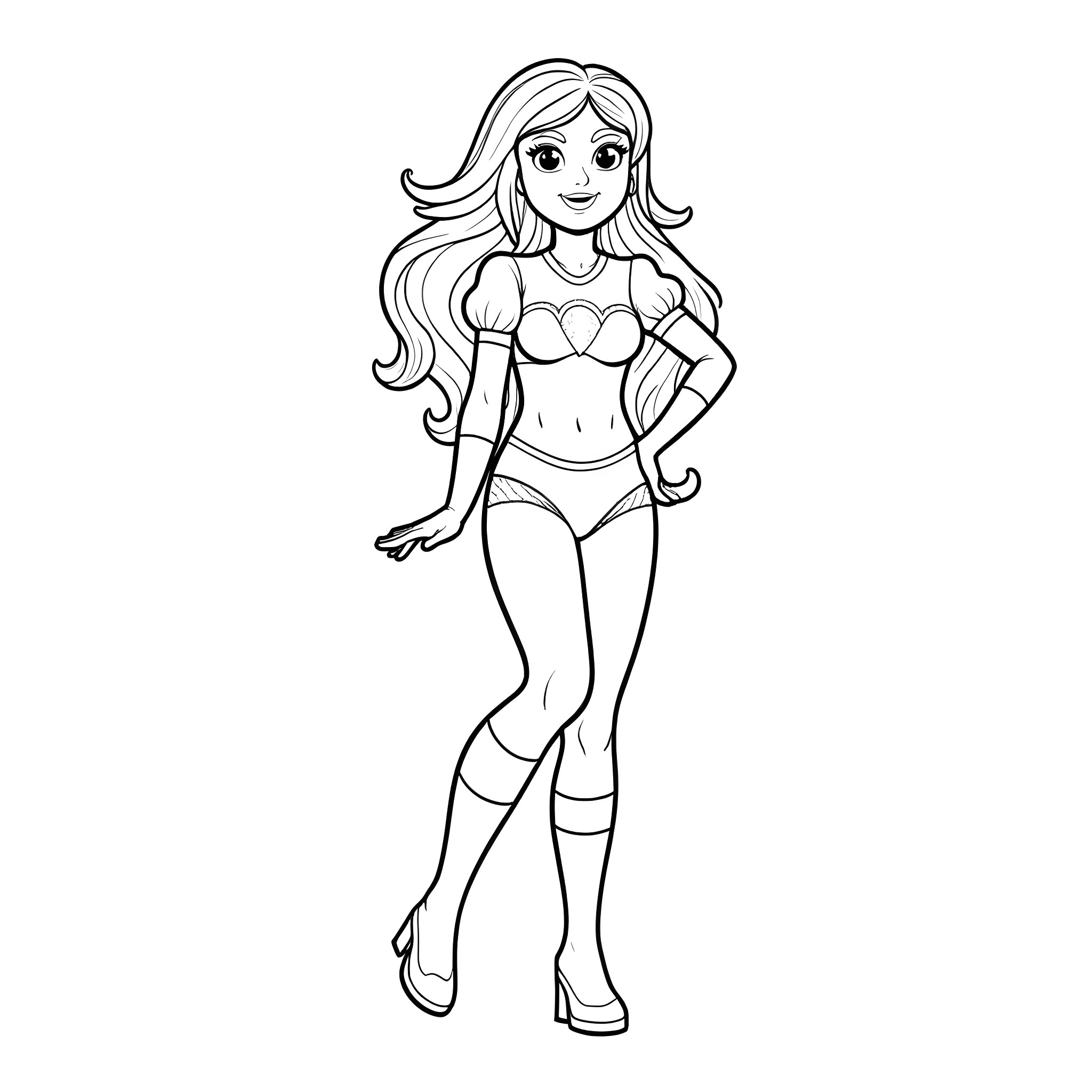 Rainbow Brite striking a confident pose in her swimsuit Coloring Page (free black-and-white line drawing printable PDF for all, from beginners to advanced learners, including children, teens, adults, and seniors)