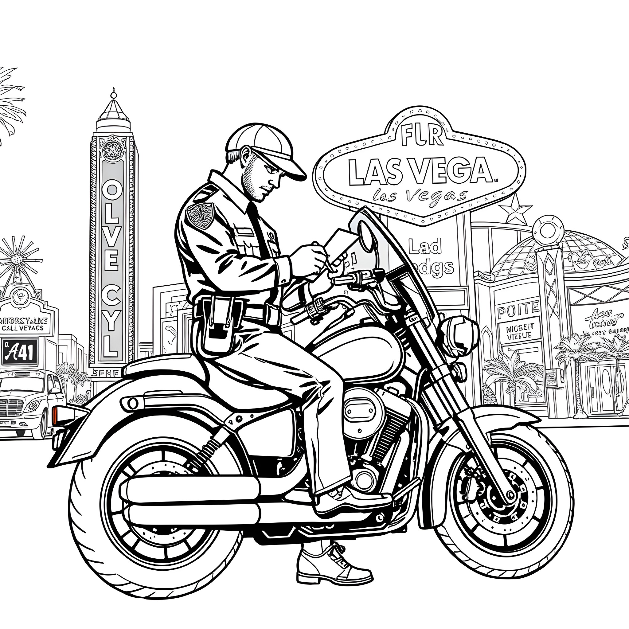 Motorcycle Cop Riding Through Lively Las Vegas Coloring Page (free black-and-white line drawing printable PDF for all, from beginners to advanced learners, including children, teens, adults, and seniors)