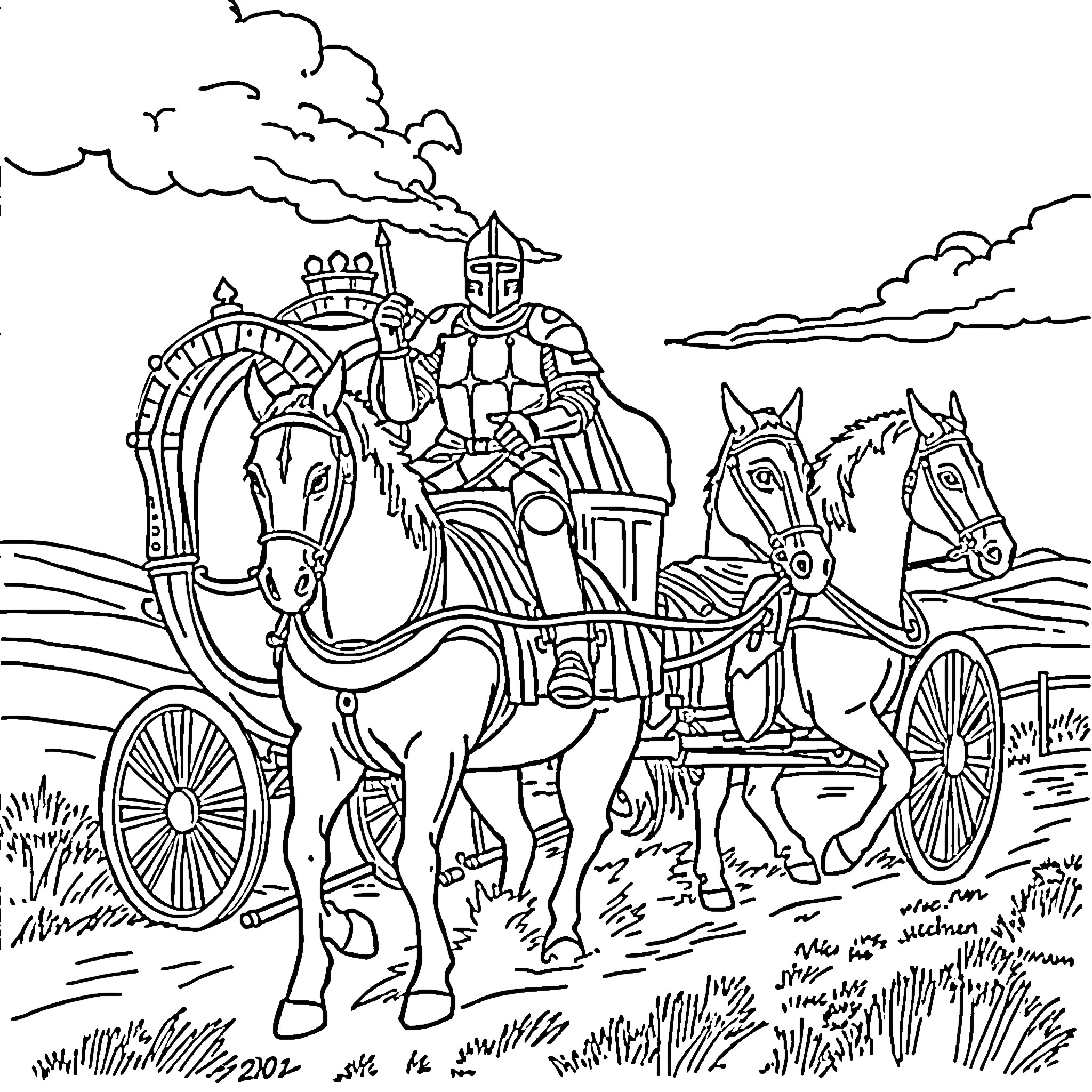 Knight Riding a Horse-Drawn Carriage Through Countryside Coloring Page (free black-and-white line drawing printable PDF for all, from beginners to advanced learners, including children, teens, adults, and seniors)
