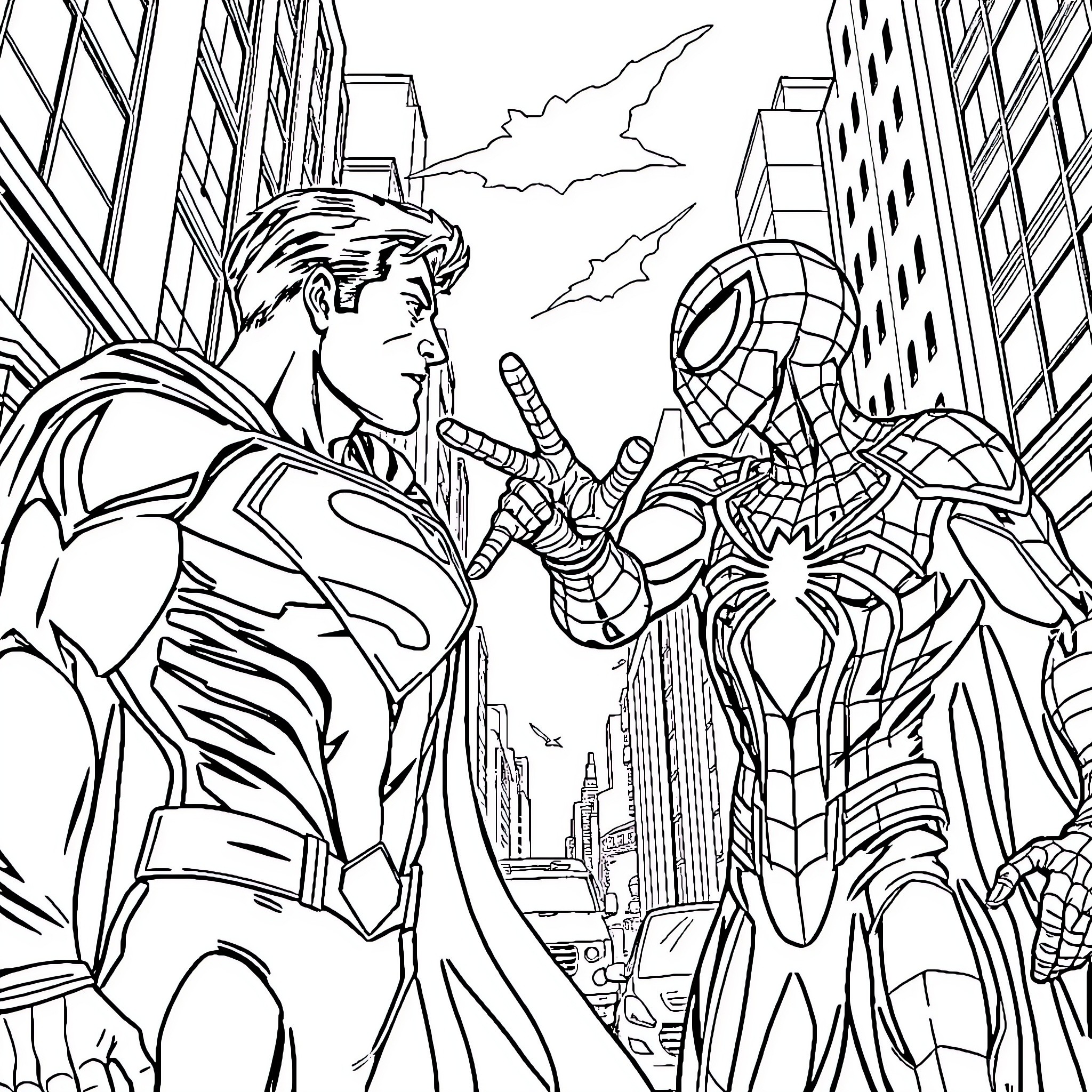 Superman and Spider-Man in an epic standoff Coloring Page (free black-and-white line drawing printable PDF for all, from beginners to advanced learners, including children, teens, adults, and seniors)