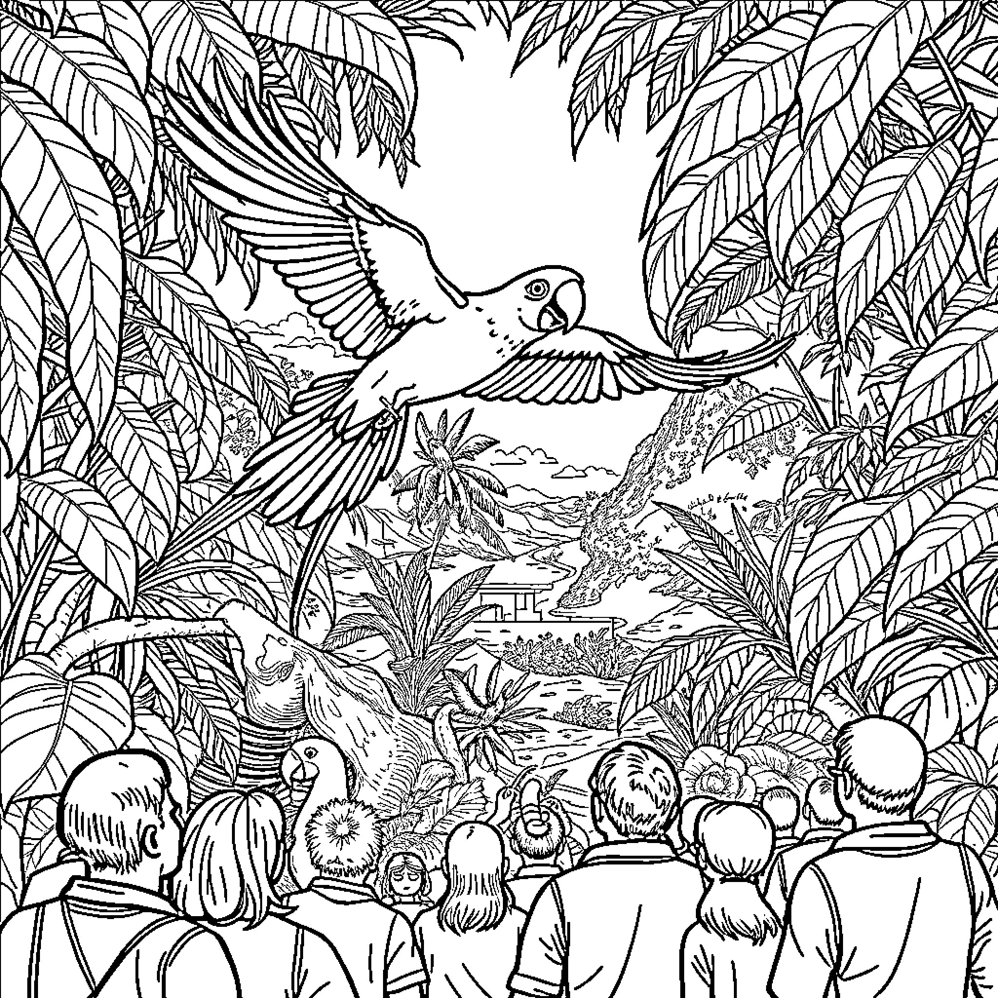 Parrot soaring above a lush tropical landscape Coloring Page (free black-and-white line drawing printable PDF for all, from beginners to advanced learners, including children, teens, adults, and seniors)
