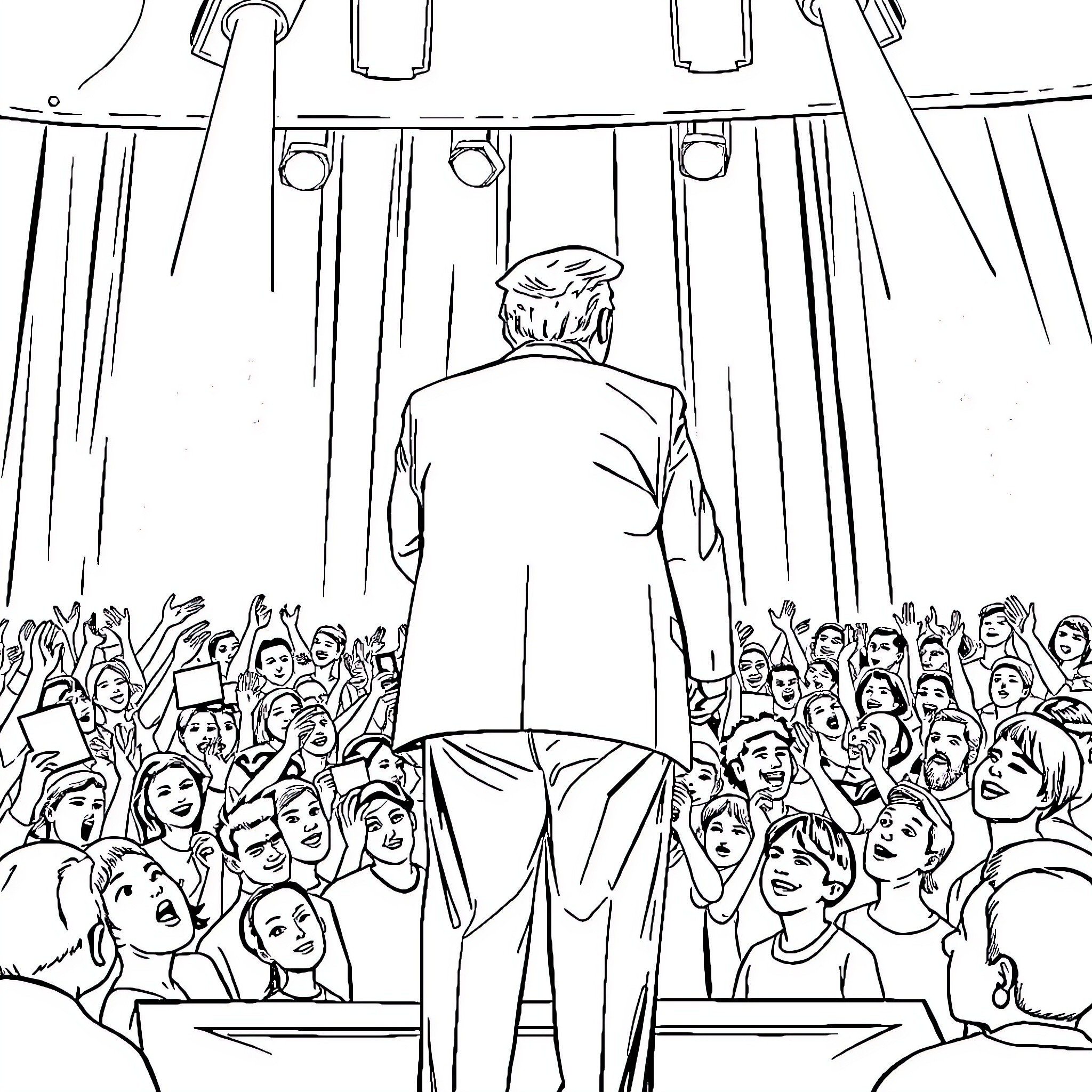 Donald Trump Addressing Enthusiastic Crowd Coloring Page (free black-and-white line drawing printable PDF for all, from beginners to advanced learners, including children, teens, adults, and seniors)