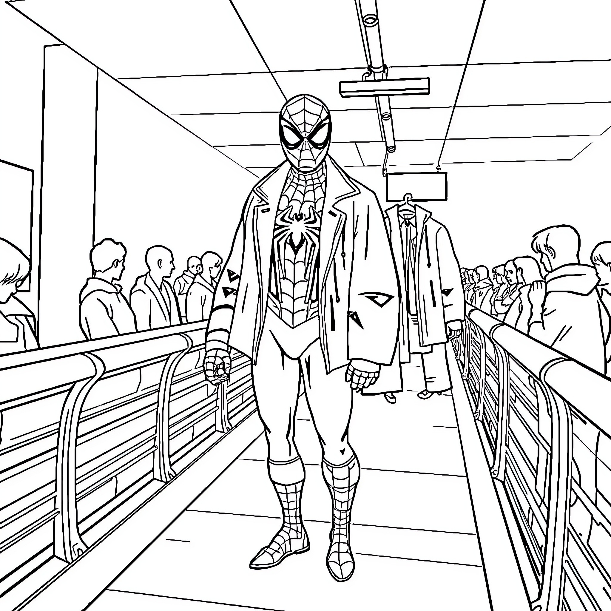 Spiderman standing boldly in a crowded subway station Coloring Page (free black-and-white line drawing printable PDF for all, from beginners to advanced learners, including children, teens, adults, and seniors)