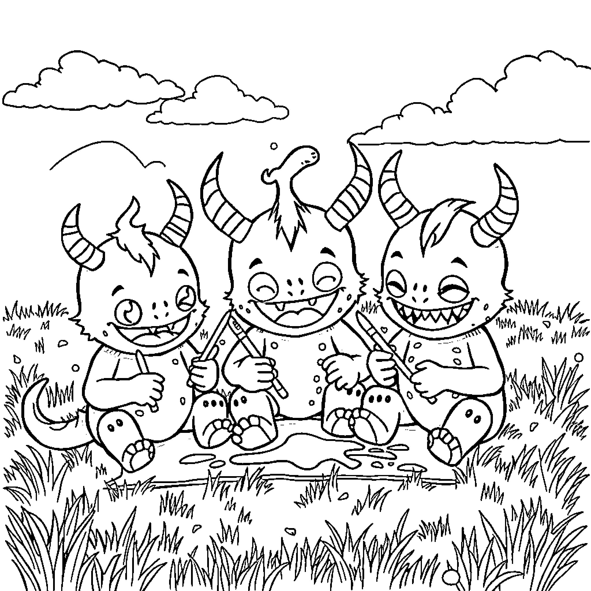 Monster friends enjoying outdoor adventure Coloring Page (free black-and-white line drawing printable PDF for all, from beginners to advanced learners, including children, teens, adults, and seniors)