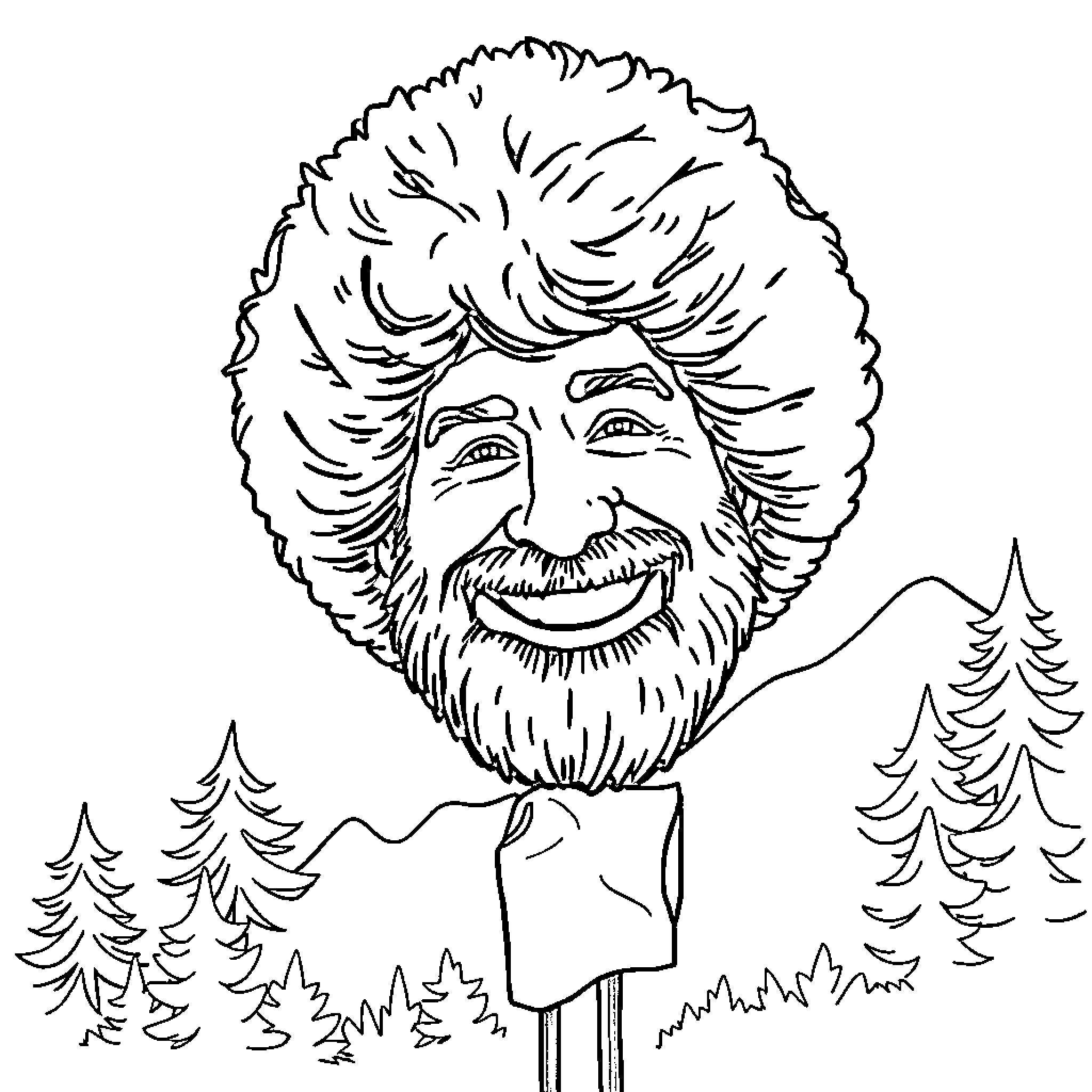 Bob Ross in a joyful mood with nature Coloring Page (free black-and-white line drawing printable PDF for all, from beginners to advanced learners, including children, teens, adults, and seniors)