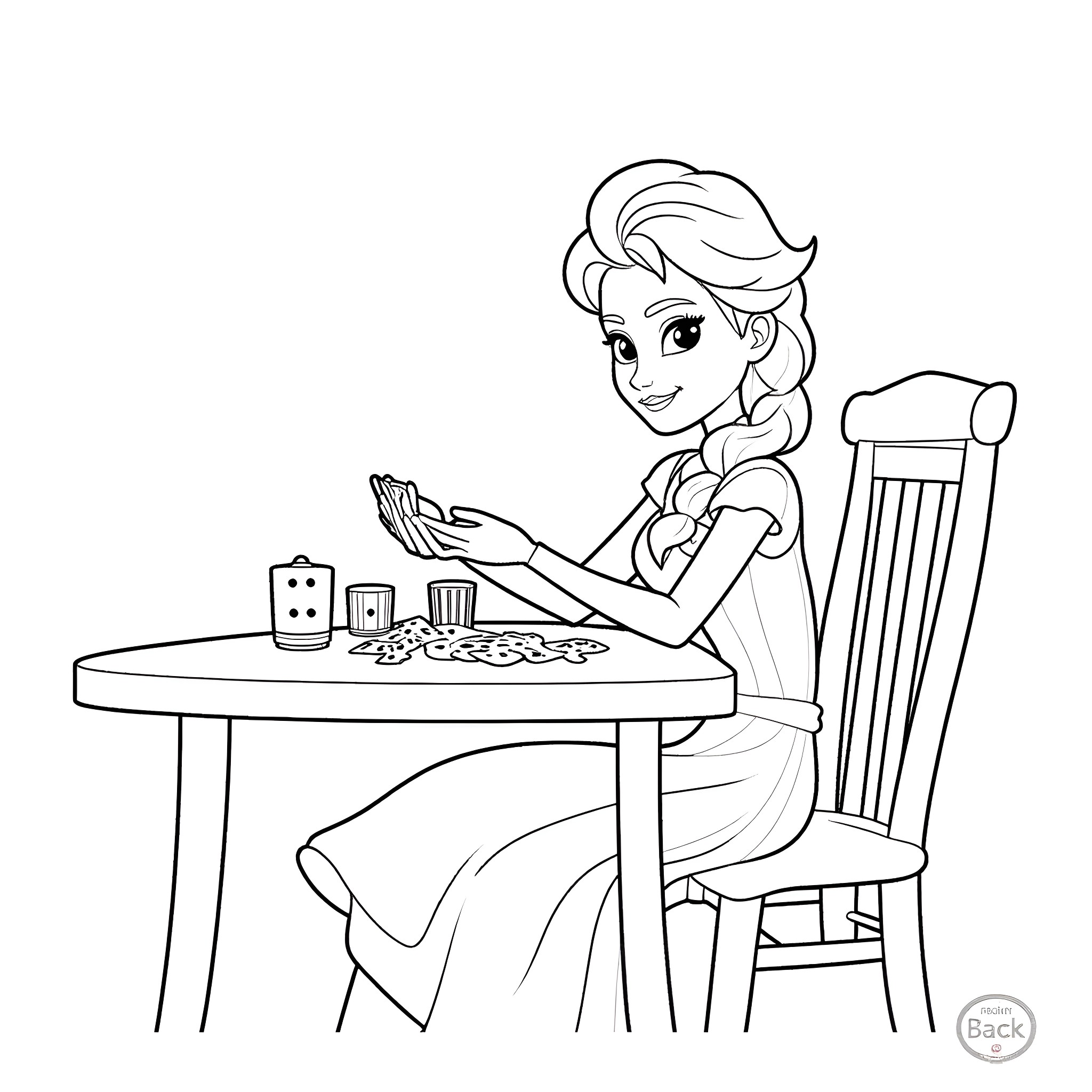 Elsa enjoying a game of solitaire at the table Coloring Page (free black-and-white line drawing printable PDF for all, from beginners to advanced learners, including children, teens, adults, and seniors)
