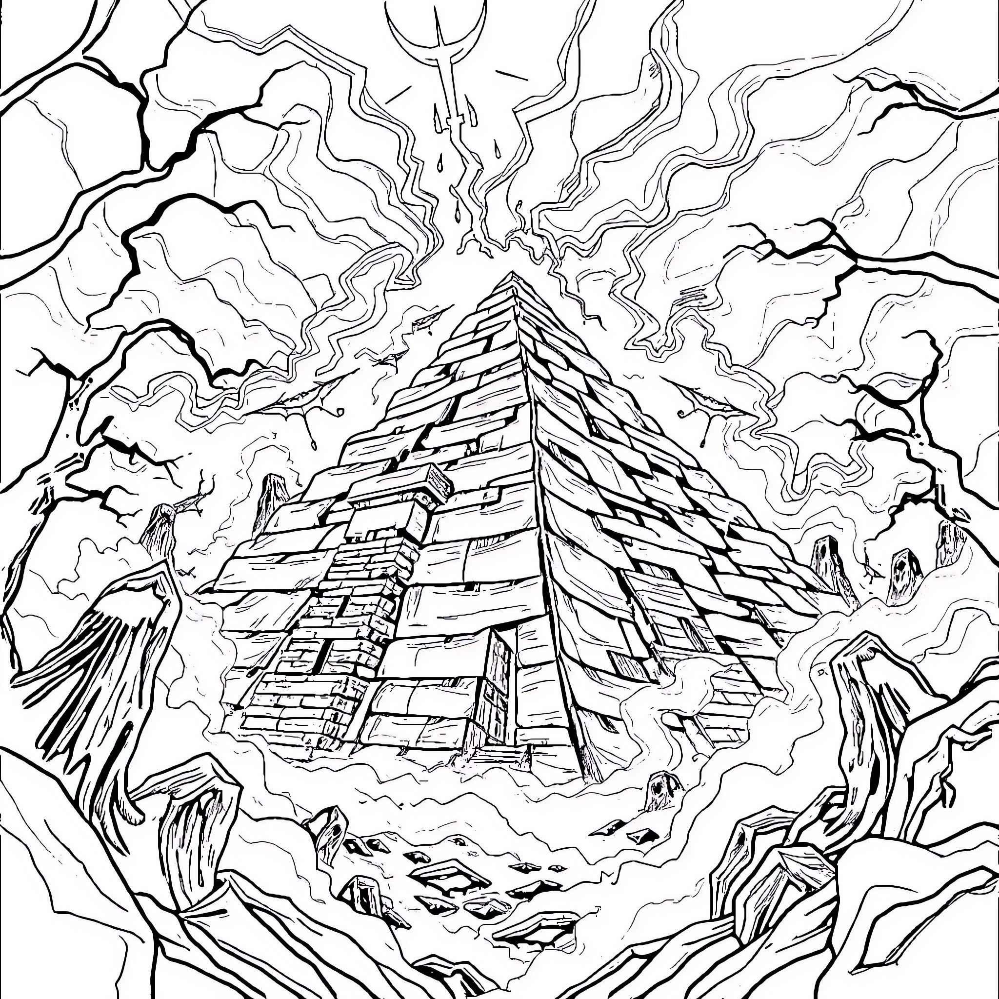 Sprunki Pyramid Eruption in Mysterious Landscape Coloring Page (free black-and-white line drawing printable PDF for all, from beginners to advanced learners, including children, teens, adults, and seniors)