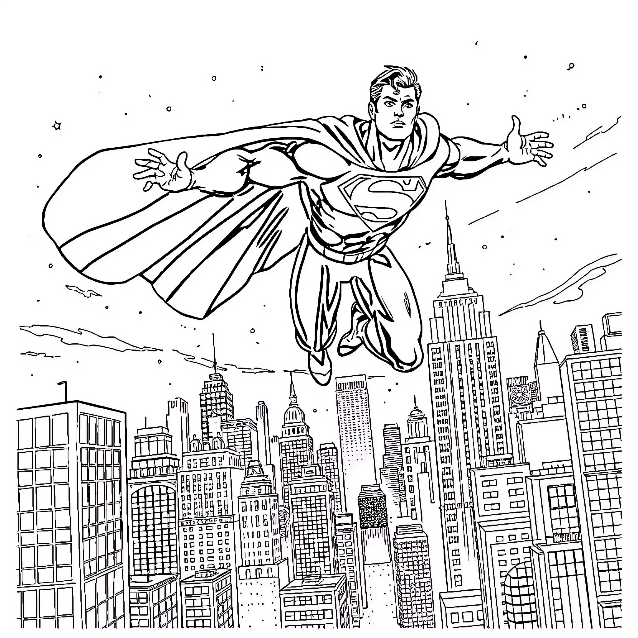 Superman soaring above the city skyline Coloring Page (free black-and-white line drawing printable PDF for all, from beginners to advanced learners, including children, teens, adults, and seniors)