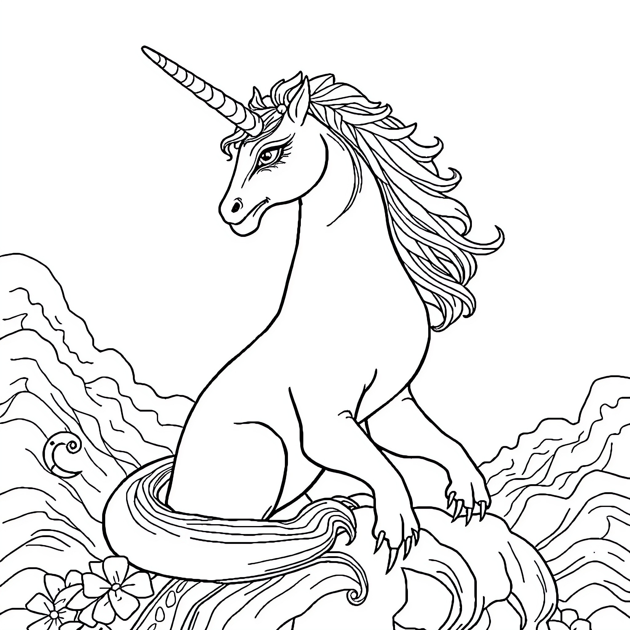 Unicorn standing majestically in a fantastical landscape Coloring Page (free black-and-white line drawing printable PDF for all, from beginners to advanced learners, including children, teens, adults, and seniors)
