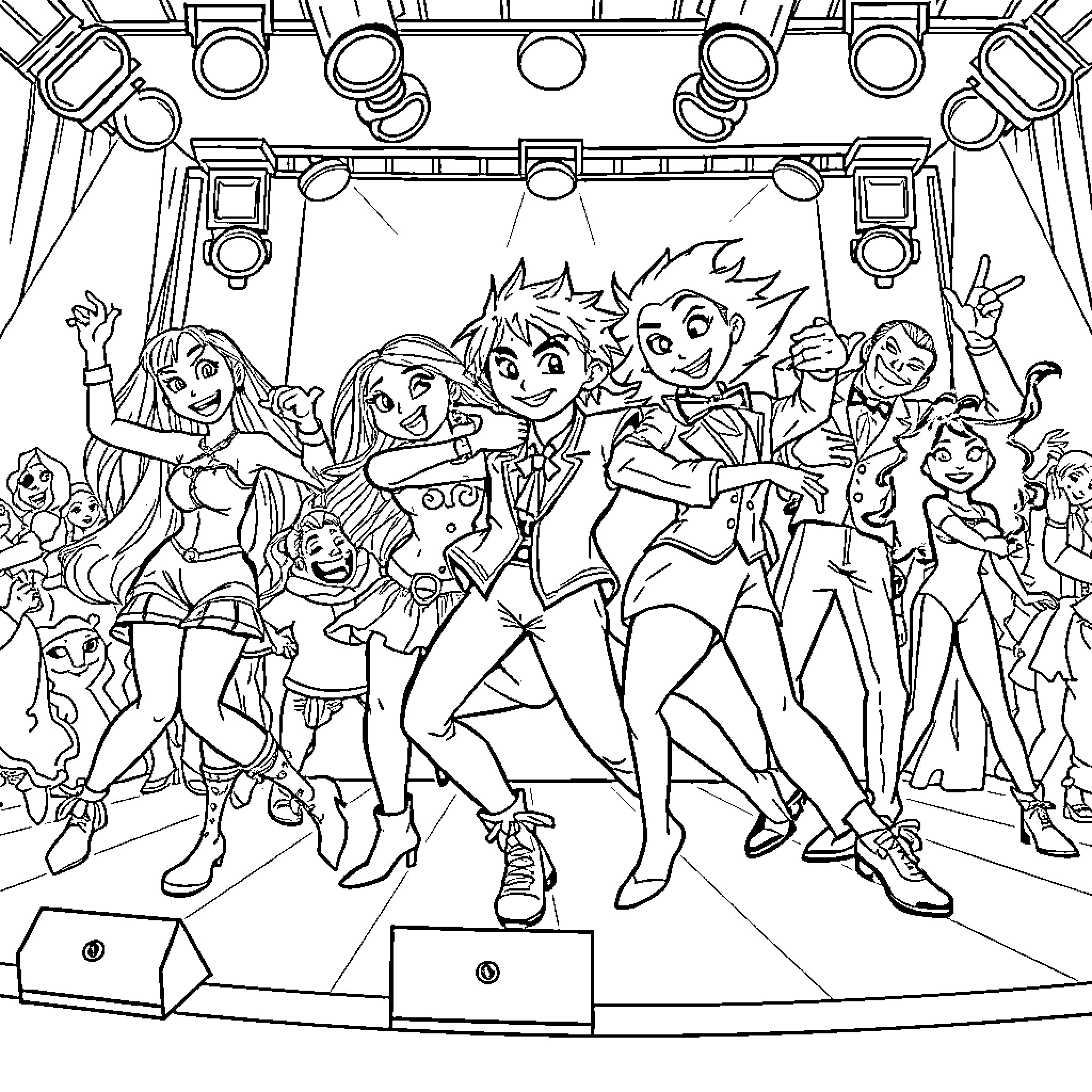 Kpop performers on stage in lively performance Coloring Page (free black-and-white line drawing printable PDF for all, from beginners to advanced learners, including children, teens, adults, and seniors)