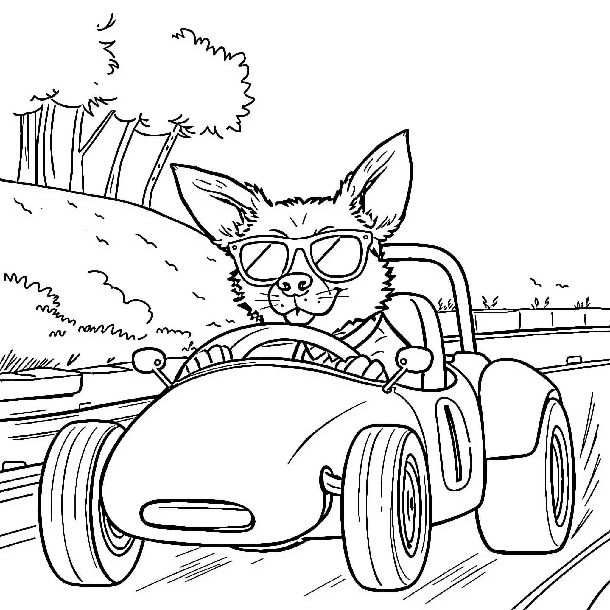 Dog driving a race car through the woods Coloring Page (free black-and-white line drawing printable PDF for all, from beginners to advanced learners, including children, teens, adults, and seniors)