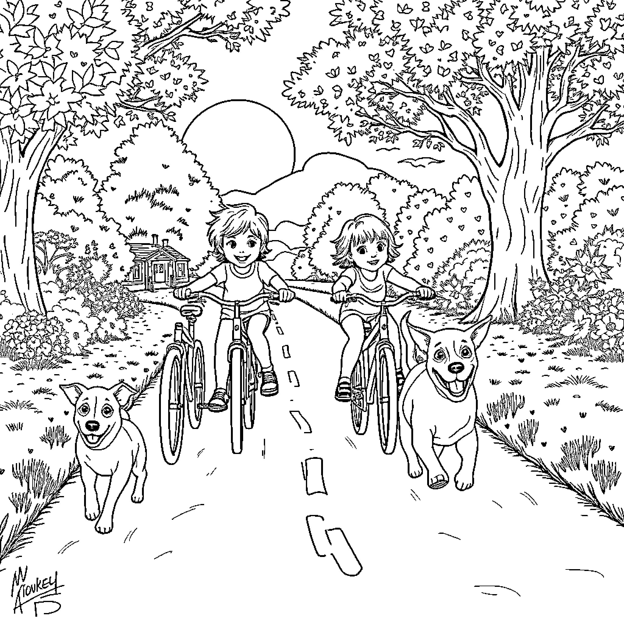 Child Riding Bicycles with Dogs on Nature Trail Coloring Page (free black-and-white line drawing printable PDF for all, from beginners to advanced learners, including children, teens, adults, and seniors)