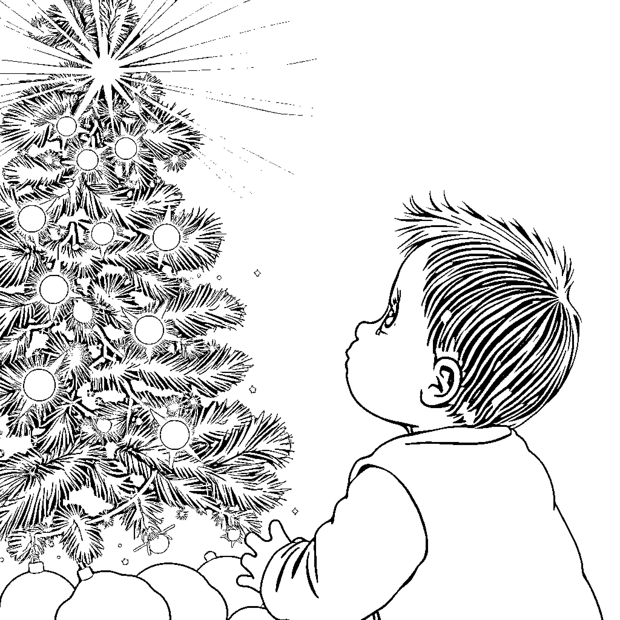 Baby admiring the Christmas tree Coloring Page (free black-and-white line drawing printable PDF for all, from beginners to advanced learners, including children, teens, adults, and seniors)