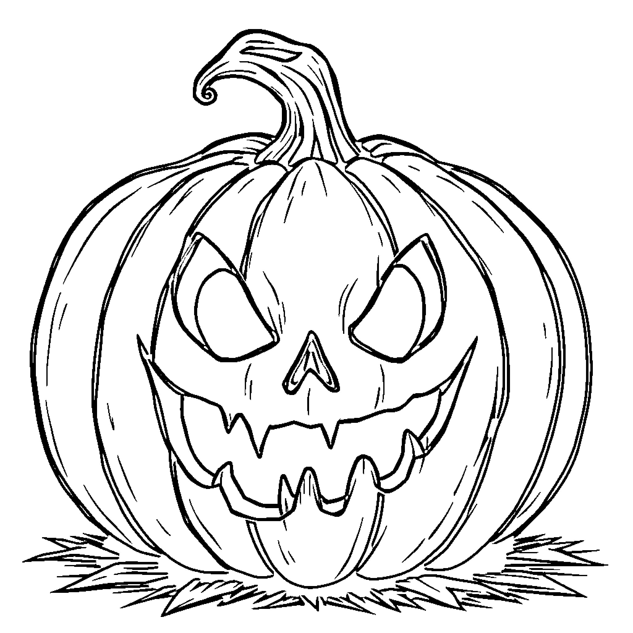 Pumpkin with Menacing Expression Coloring Page (free black-and-white line drawing printable PDF for all, from beginners to advanced learners, including children, teens, adults, and seniors)