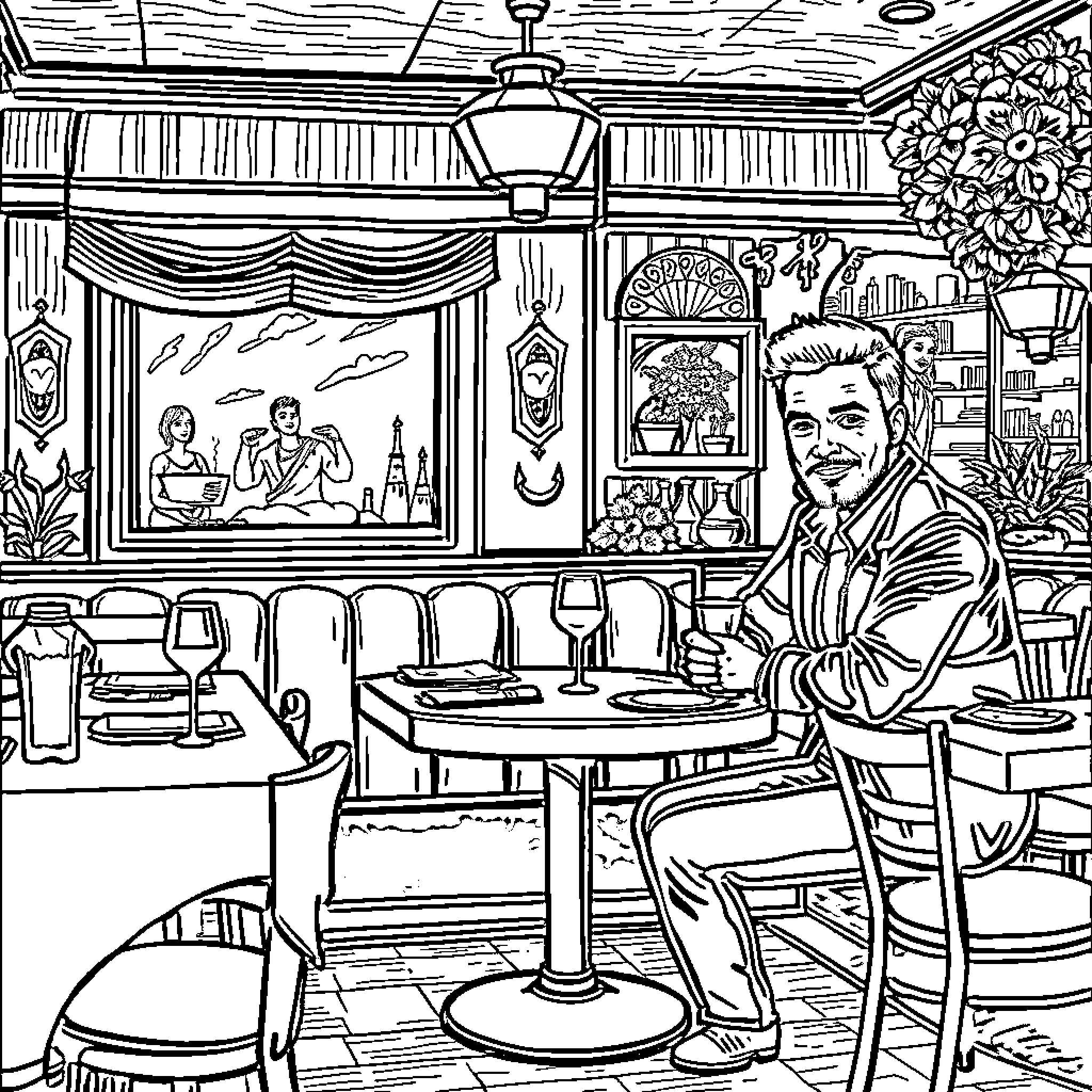 Christian Bale Relaxing in an Elegant Restaurant Coloring Page (free black-and-white line drawing printable PDF for all, from beginners to advanced learners, including children, teens, adults, and seniors)