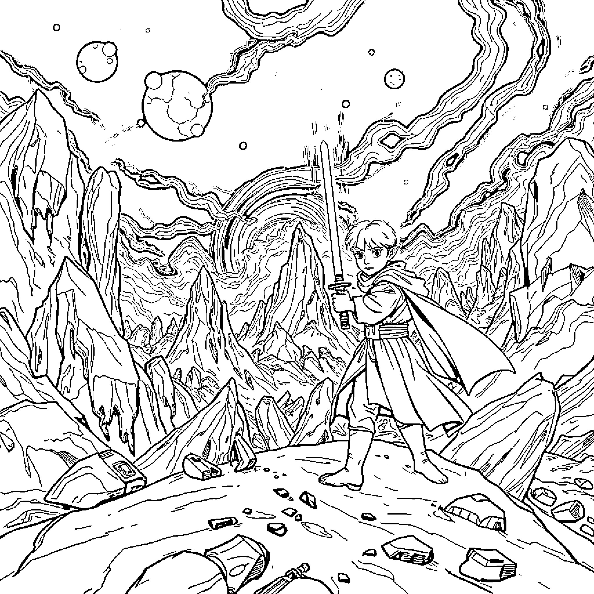 Jedi Knight in Galactic Wilderness Coloring Page (free black-and-white line drawing printable PDF for all, from beginners to advanced learners, including children, teens, adults, and seniors)