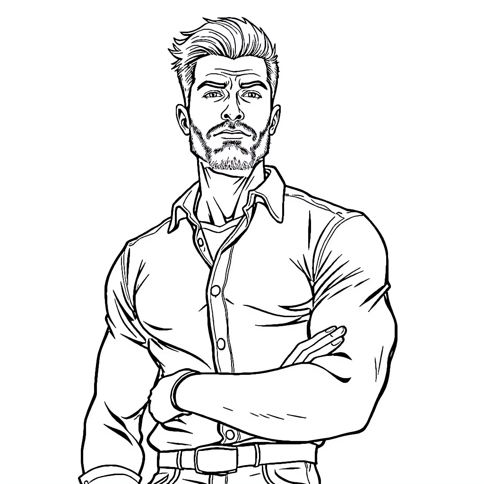 Guy in a serious pose with crossed arms Coloring Page (free black-and-white line drawing printable PDF for all, from beginners to advanced learners, including children, teens, adults, and seniors)