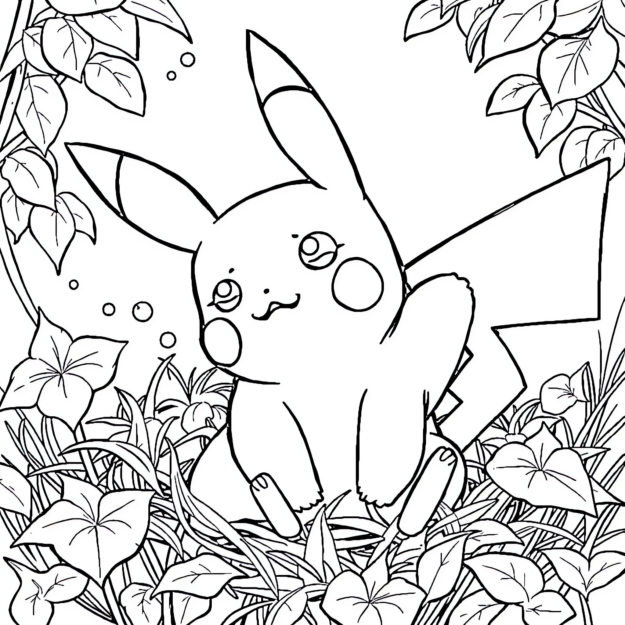 Pikachu playing in a floral garden Coloring Page (free black-and-white line drawing printable PDF for all, from beginners to advanced learners, including children, teens, adults, and seniors)