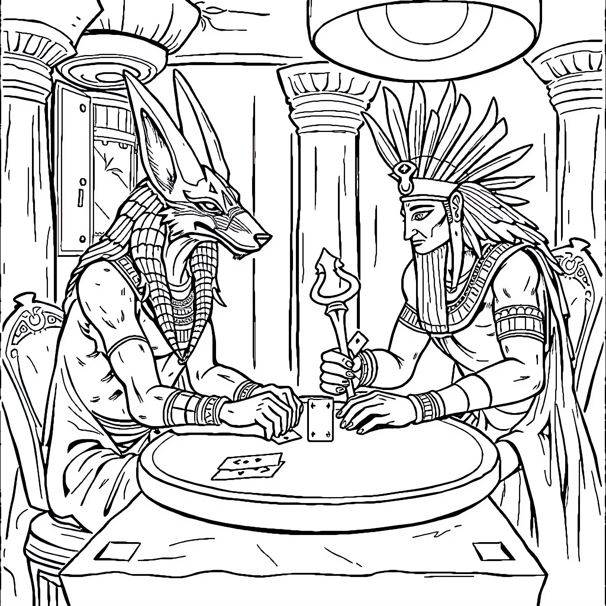 Anubis Consulting with a Chieftain in a Grand Hall Coloring Page (free black-and-white line drawing printable PDF for all, from beginners to advanced learners, including children, teens, adults, and seniors)