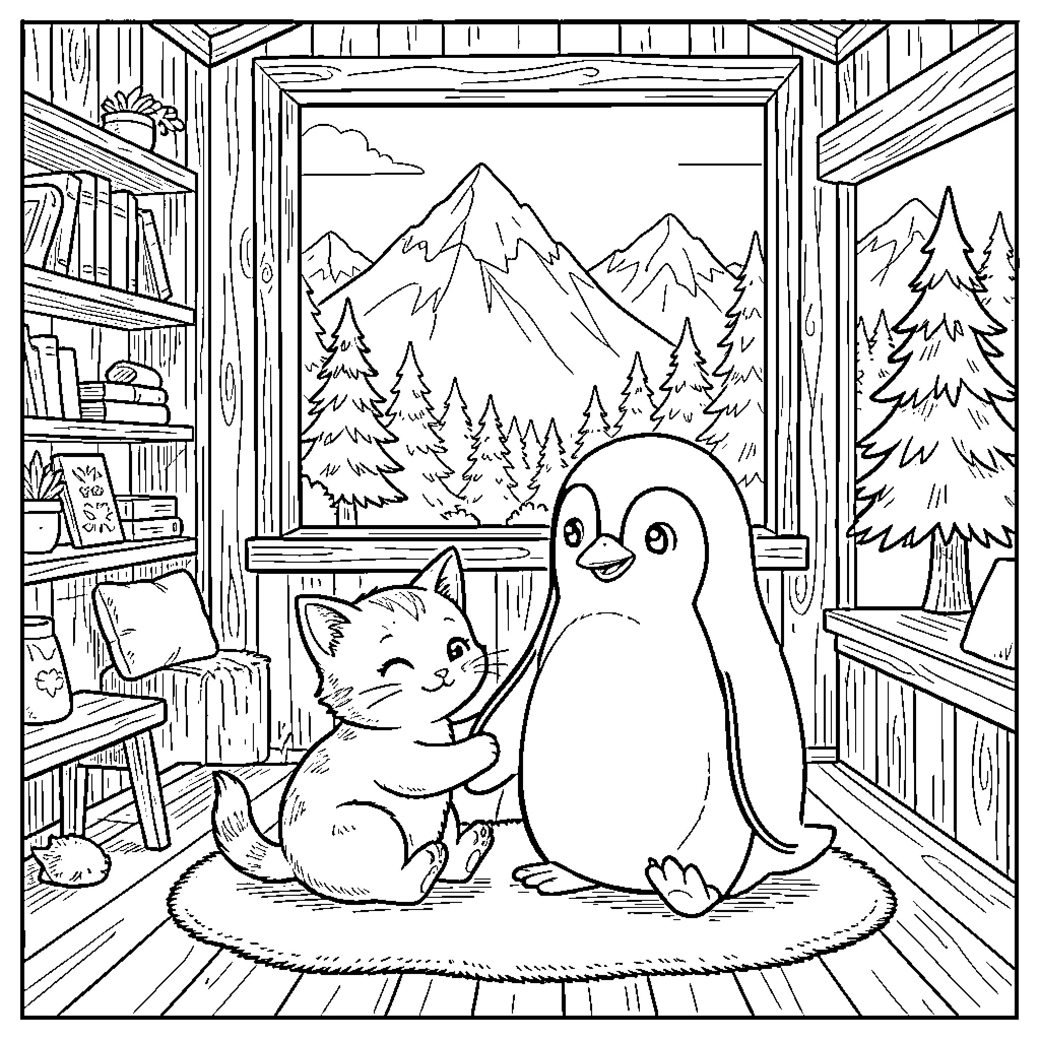 Kitten and Penguin Enjoying Winter Scenery Coloring Page (free black-and-white line drawing printable PDF for all, from beginners to advanced learners, including children, teens, adults, and seniors)