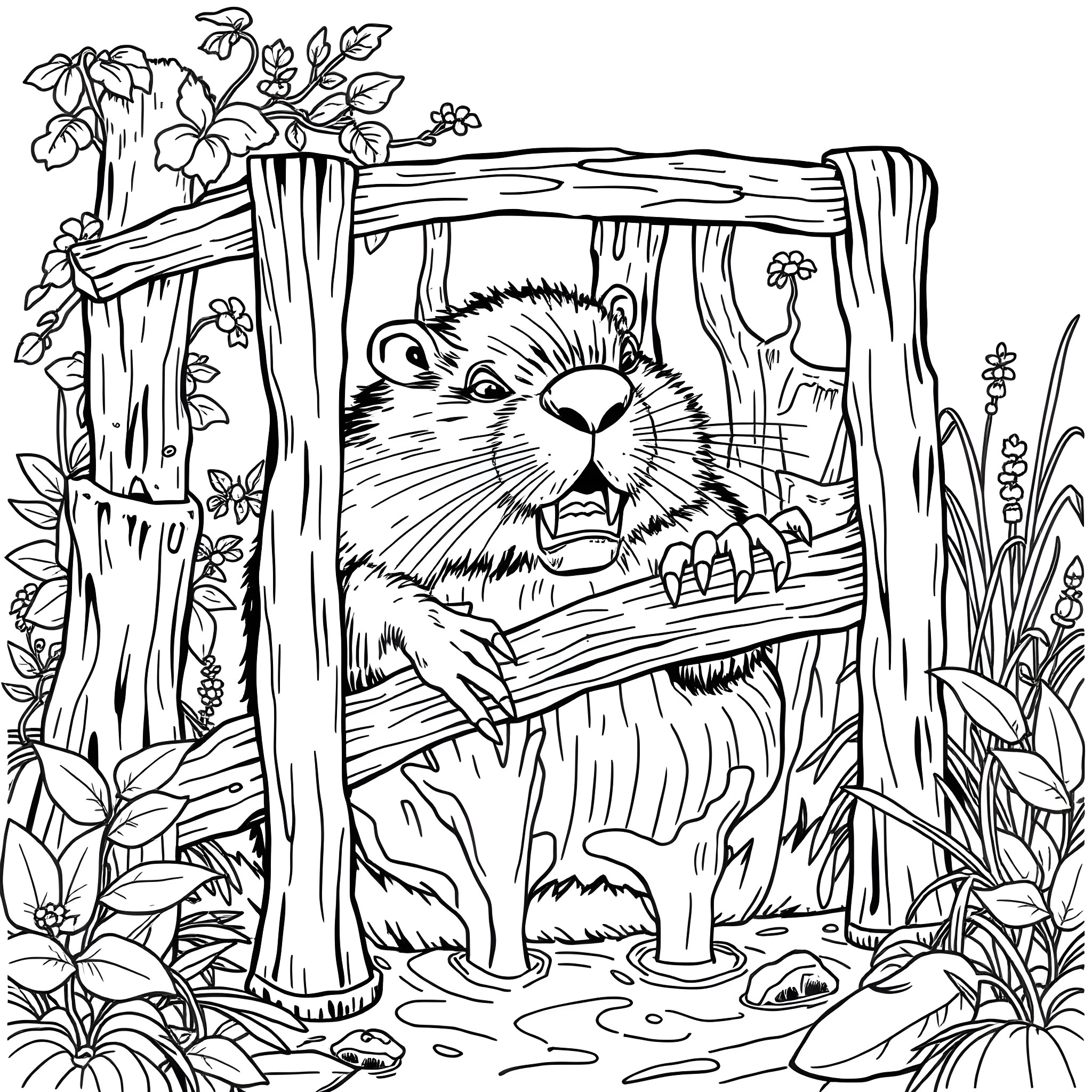 Beaver peering curiously through forest scenery Coloring Page (free black-and-white line drawing printable PDF for all, from beginners to advanced learners, including children, teens, adults, and seniors)