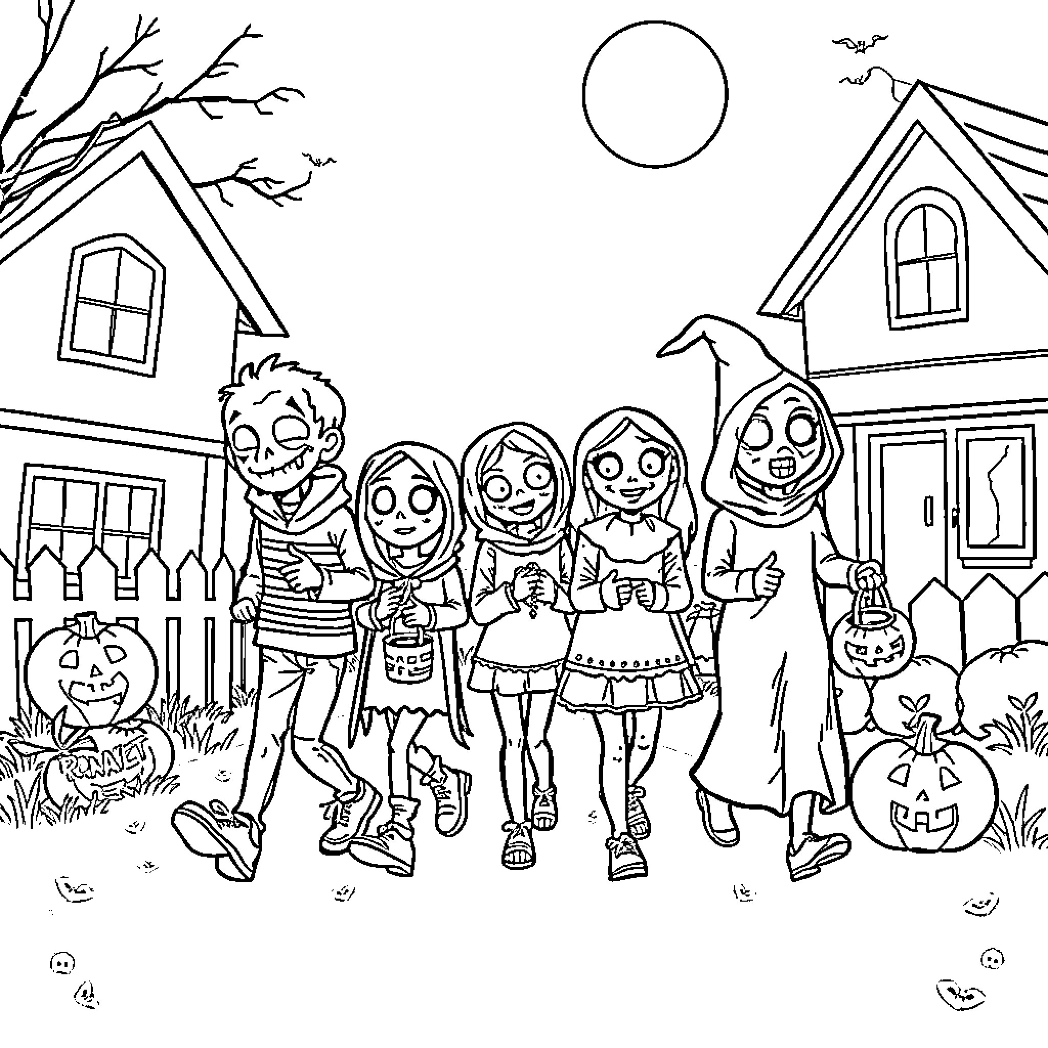 Zombie kids trick-or-treating in neighborhood on Halloween Coloring Page (free black-and-white line drawing printable PDF for all, from beginners to advanced learners, including children, teens, adults, and seniors)