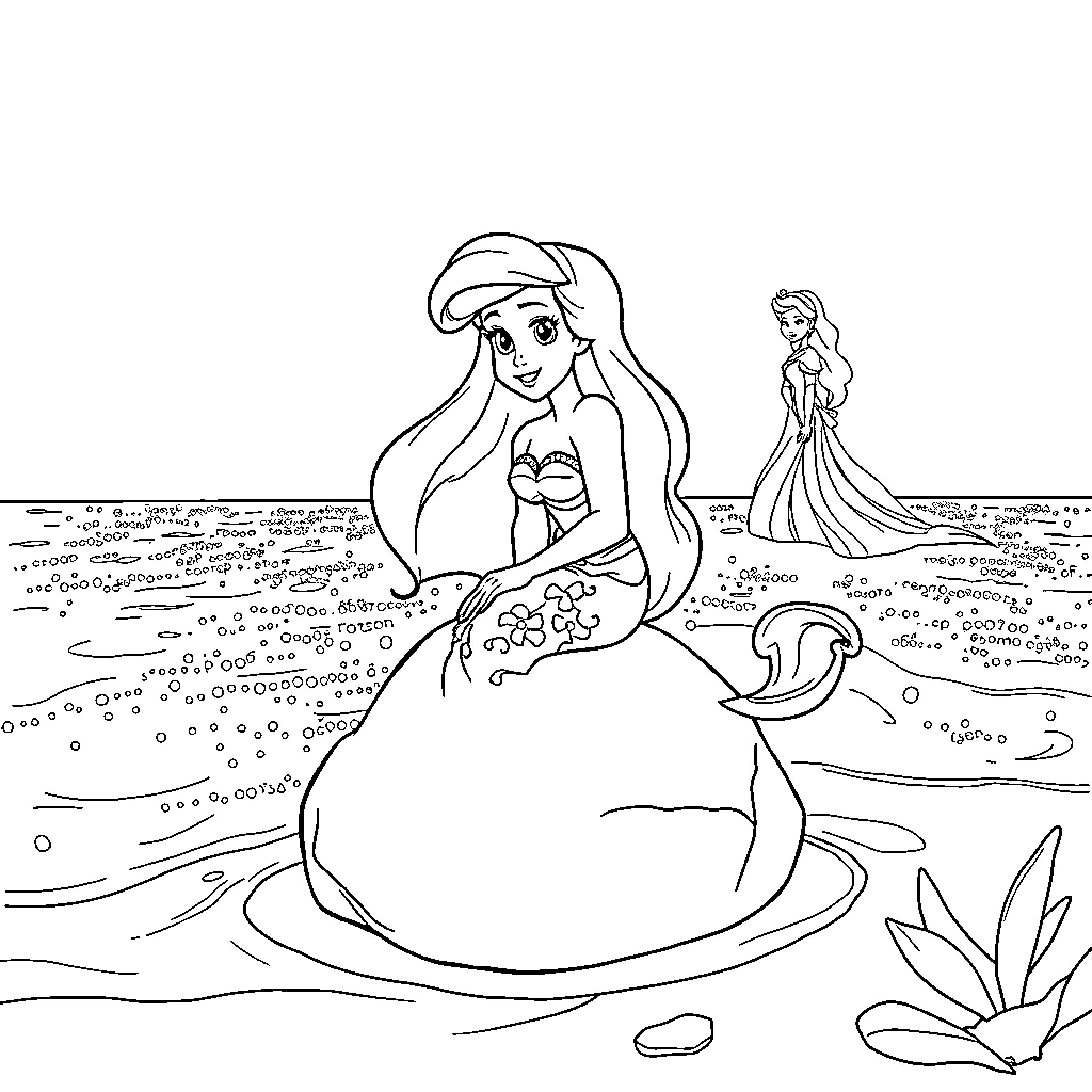 Ariel singing and exploring the underwater world Coloring Page (free black-and-white line drawing printable PDF for all, from beginners to advanced learners, including children, teens, adults, and seniors)