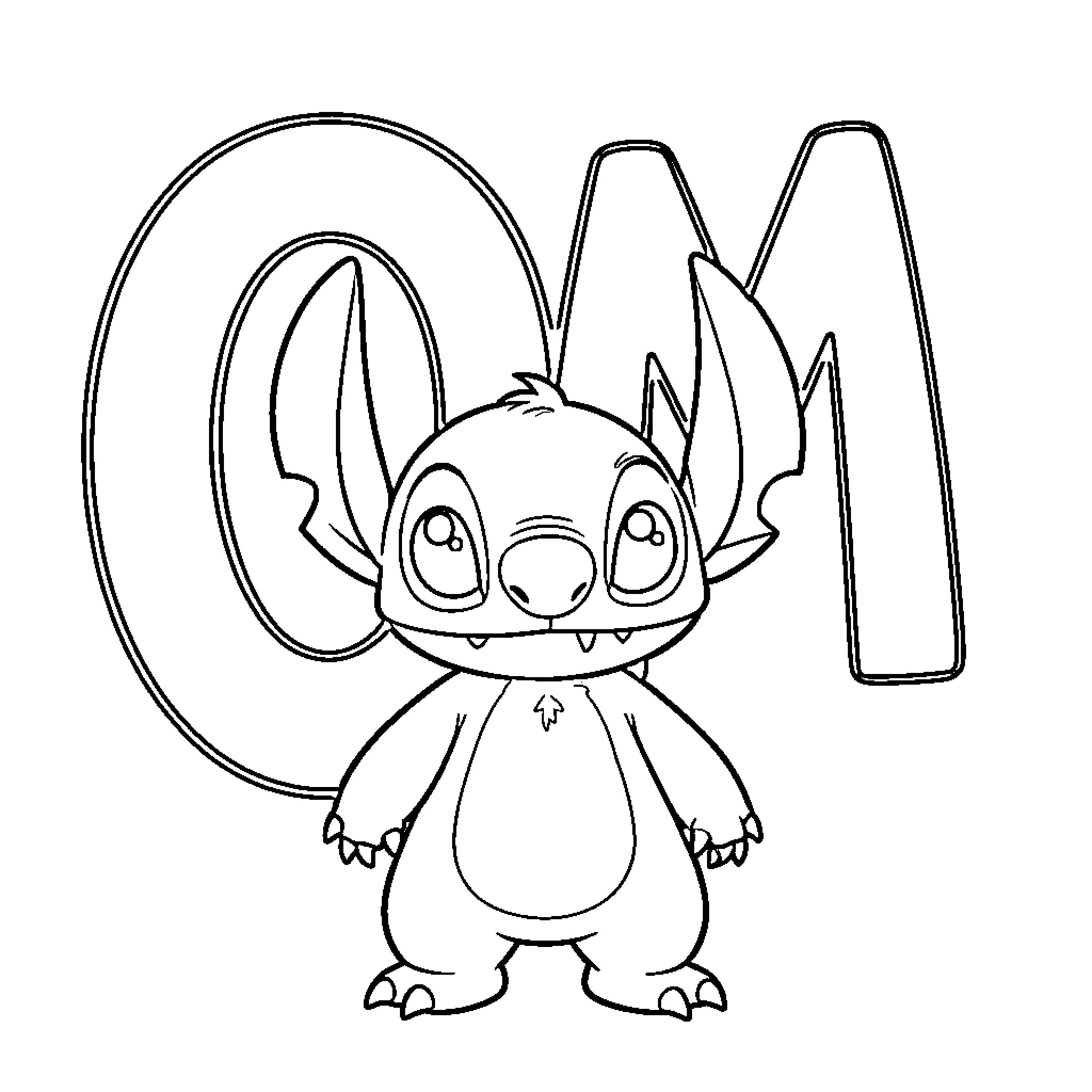 Stitch standing adorably in a simple outline Coloring Page (free black-and-white line drawing printable PDF for all, from beginners to advanced learners, including children, teens, adults, and seniors)