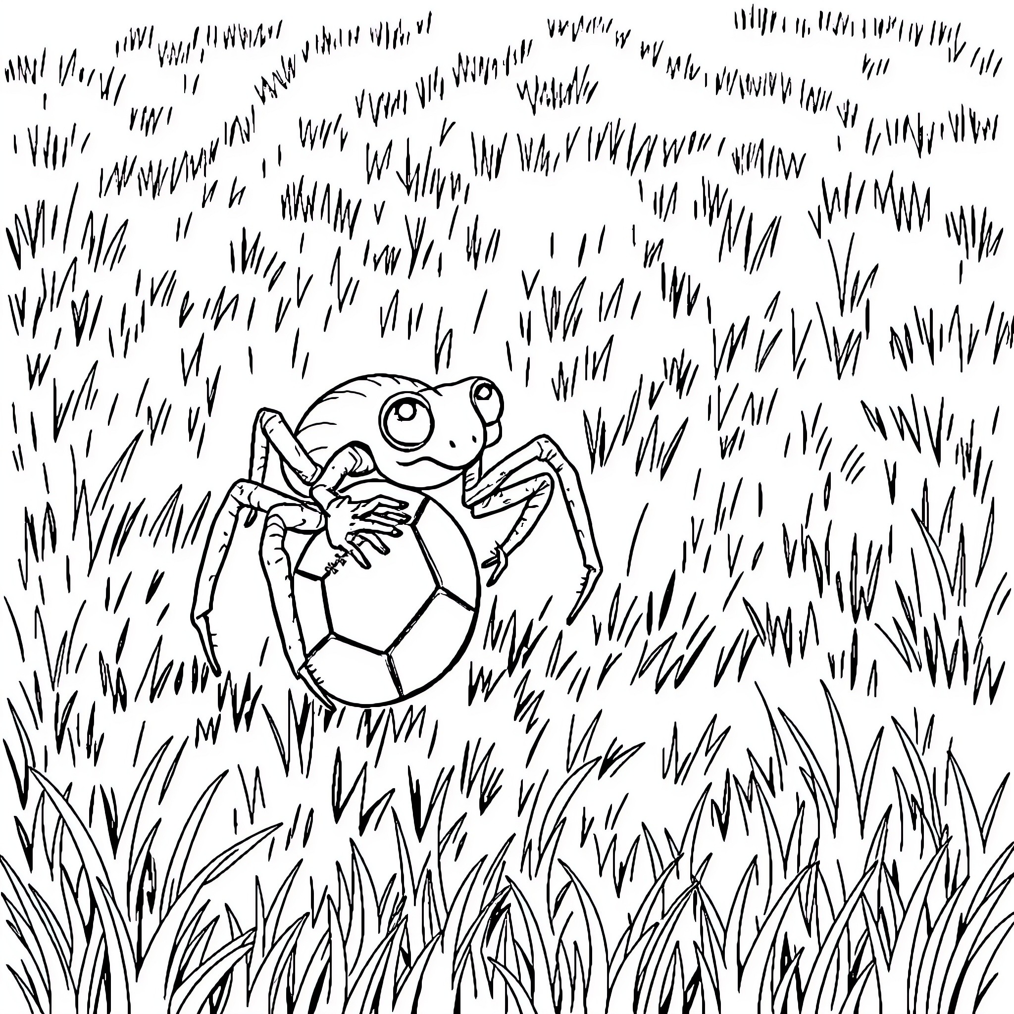 Spider playing with a soccer ball in the grass Coloring Page (free black-and-white line drawing printable PDF for all, from beginners to advanced learners, including children, teens, adults, and seniors)