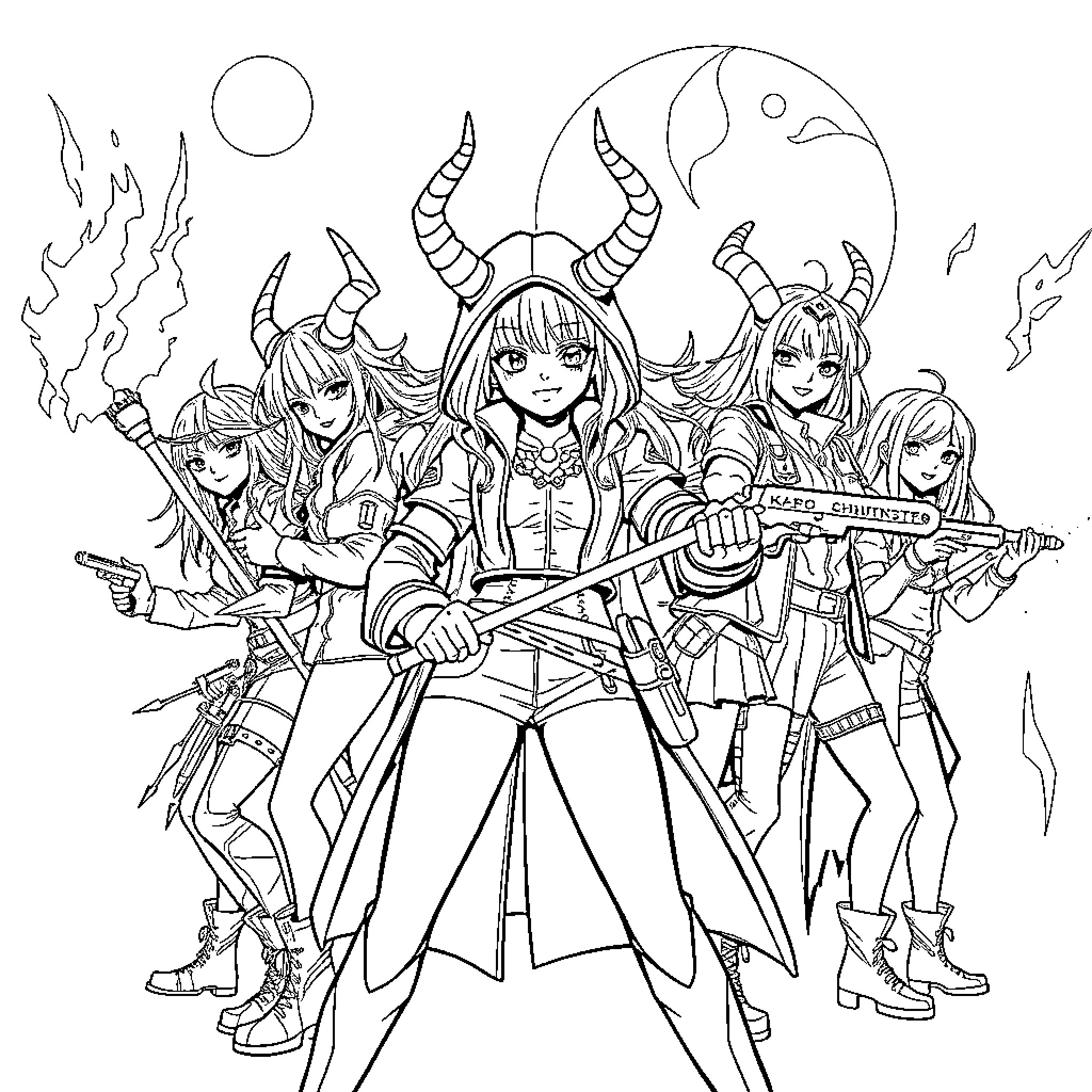 Demon Hunter Heroines in Action Poses Coloring Page (free black-and-white line drawing printable PDF for all, from beginners to advanced learners, including children, teens, adults, and seniors)