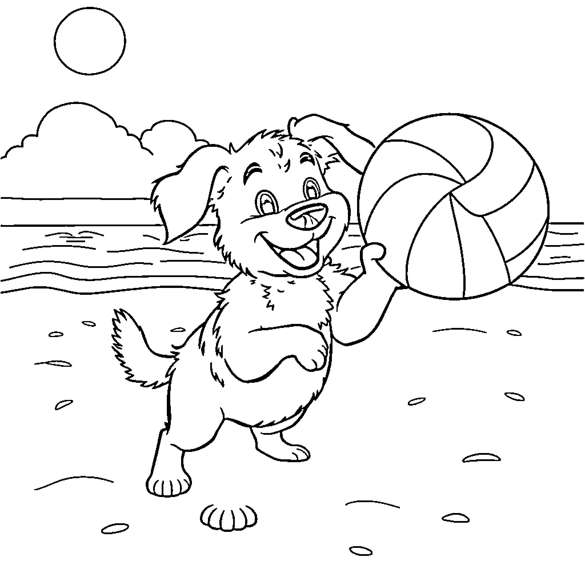 Muffin's Playful Beach Day Coloring Page (free black-and-white line drawing printable PDF for all, from beginners to advanced learners, including children, teens, adults, and seniors)