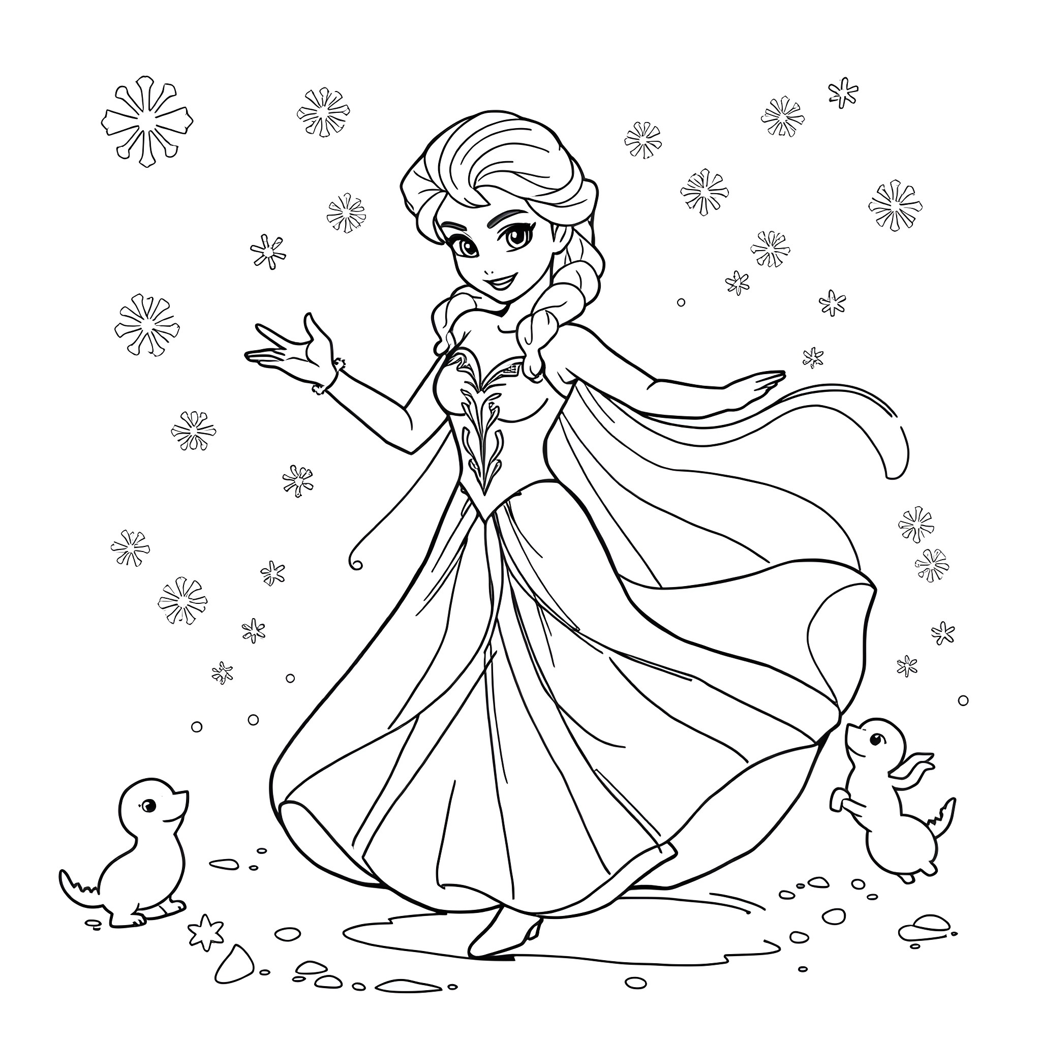 Lego Elsa Waving Gracefully Amidst Snowflakes Coloring Page (free black-and-white line drawing printable PDF for all, from beginners to advanced learners, including children, teens, adults, and seniors)