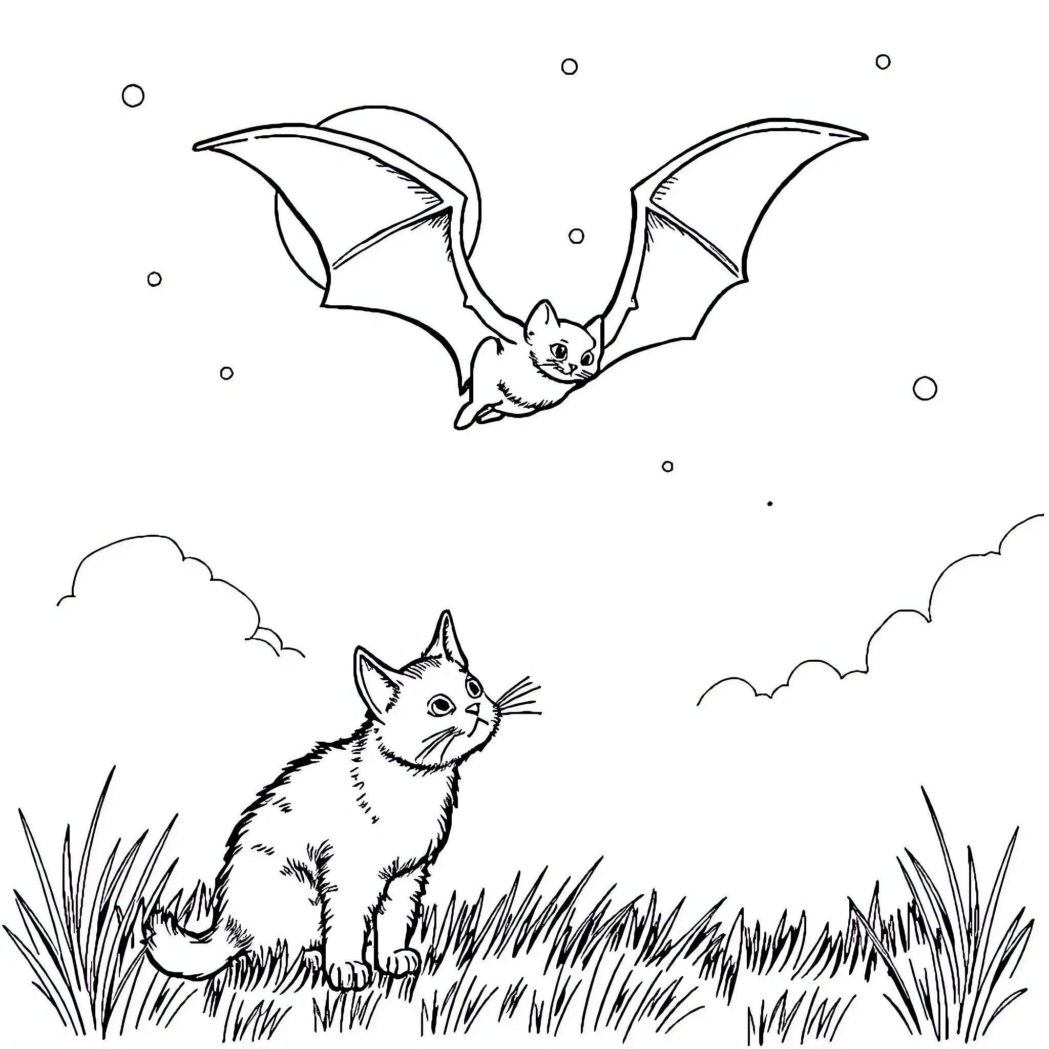 Bats flying and a cat in the grassland Coloring Page (free black-and-white line drawing printable PDF for all, from beginners to advanced learners, including children, teens, adults, and seniors)